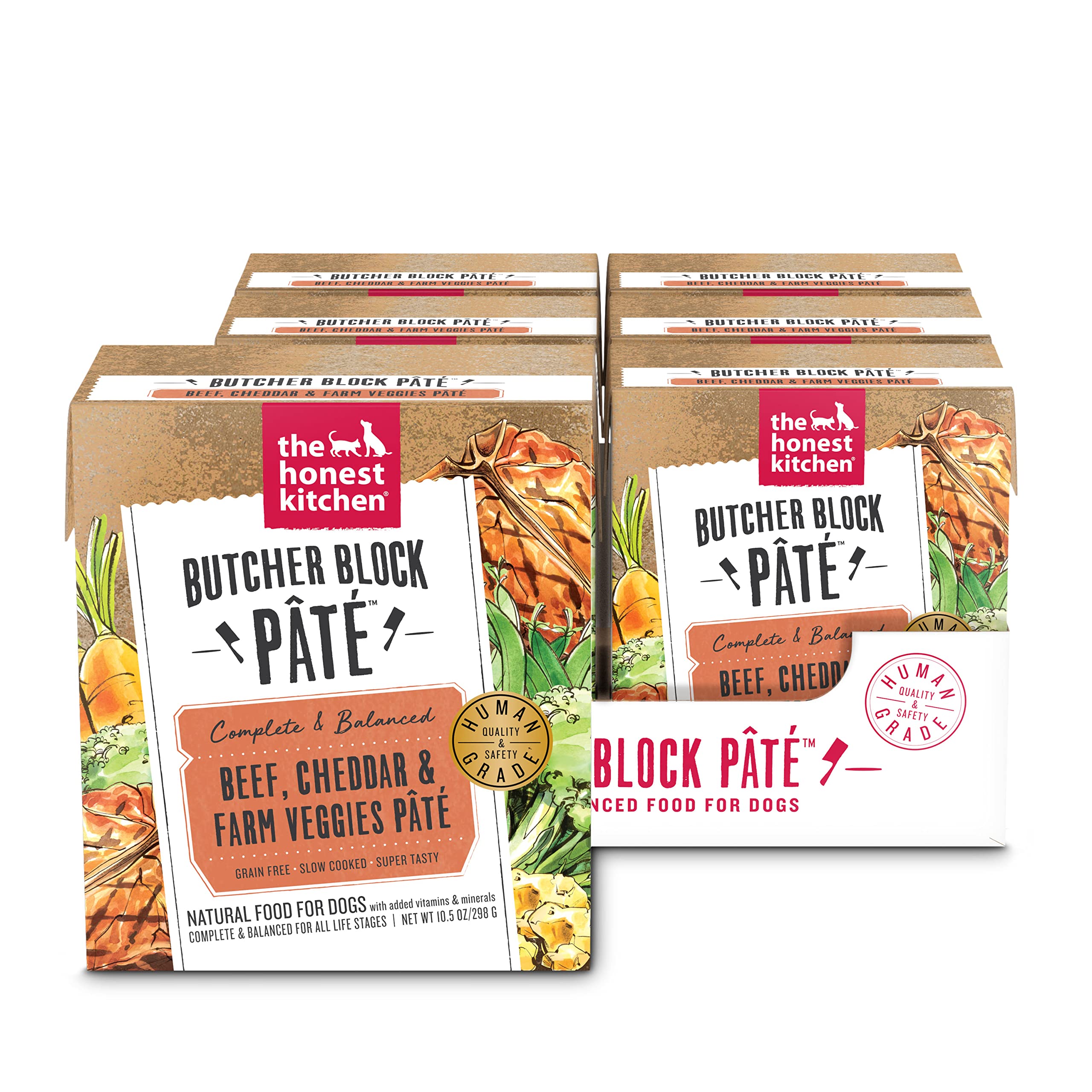 The Honest Kitchen Butcher Block Pâté with beef, cheddar and farm veggies, a complete meal option.