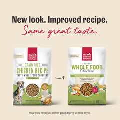 The Honest Kitchen cage free chicken clusters shown as a premium protein option for active dogs.