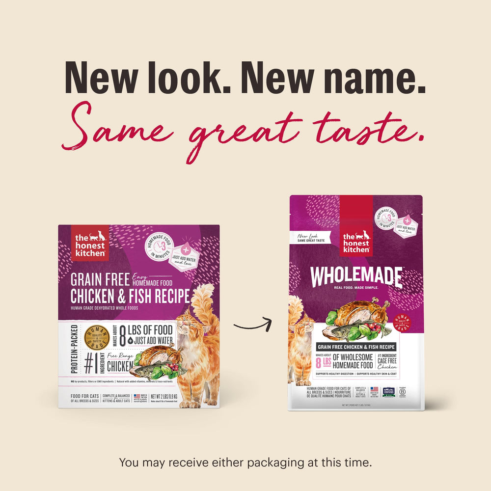 The Honest Kitchen rehydration process shows warm water turning powder into wholesome cat food.