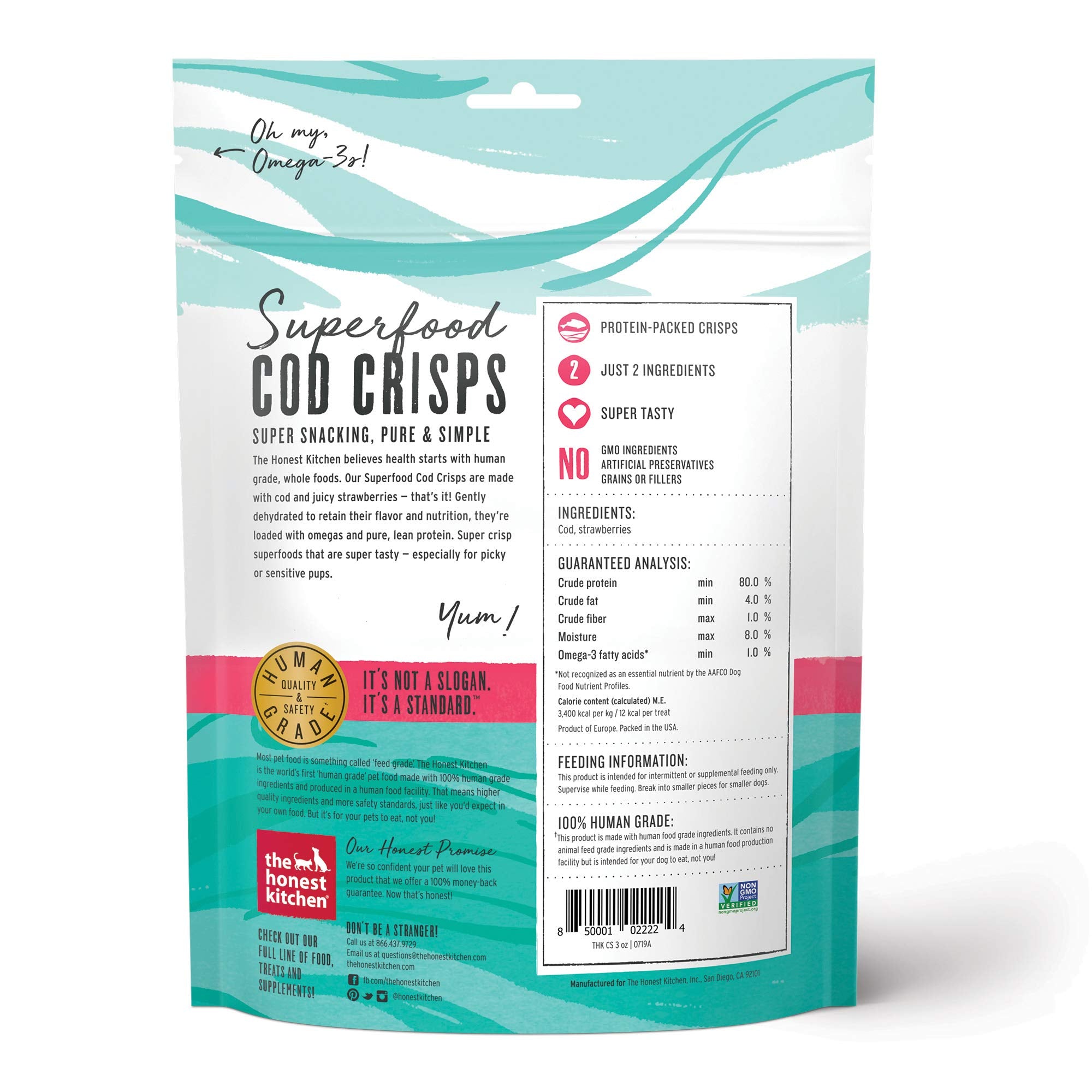 Close-up of cod crisps ingredients emphasizing cod and strawberries for picky pets.