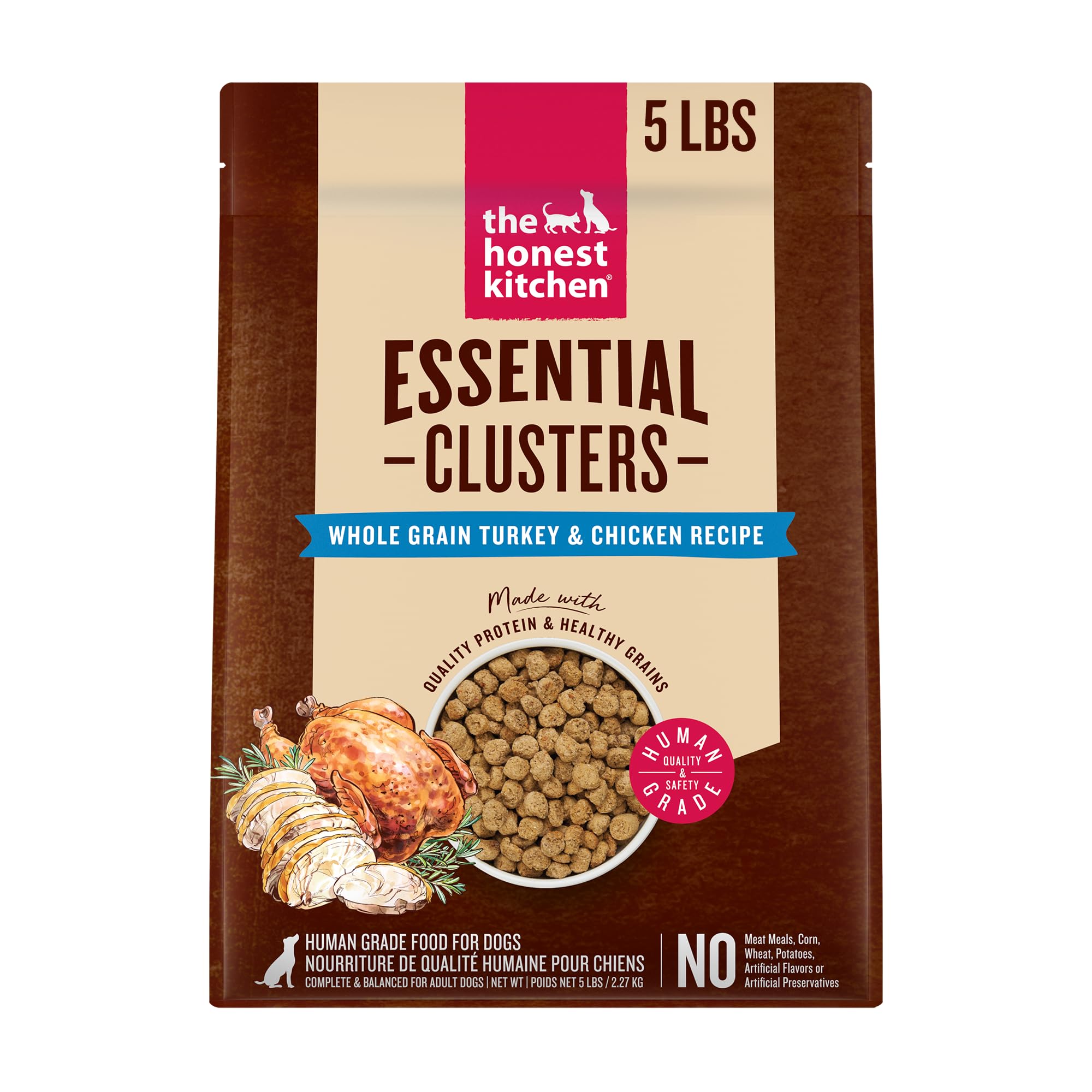 The Honest Kitchen Essential Clusters turkey and chicken bag shows a 5 lb capacity for regular feeding.