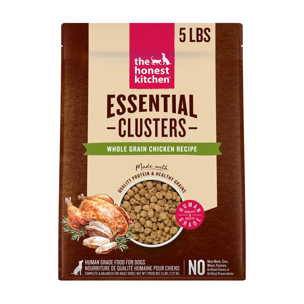 The Honest Kitchen Essential Clusters whole-grain chicken bag highlights premium ingredients for dogs.