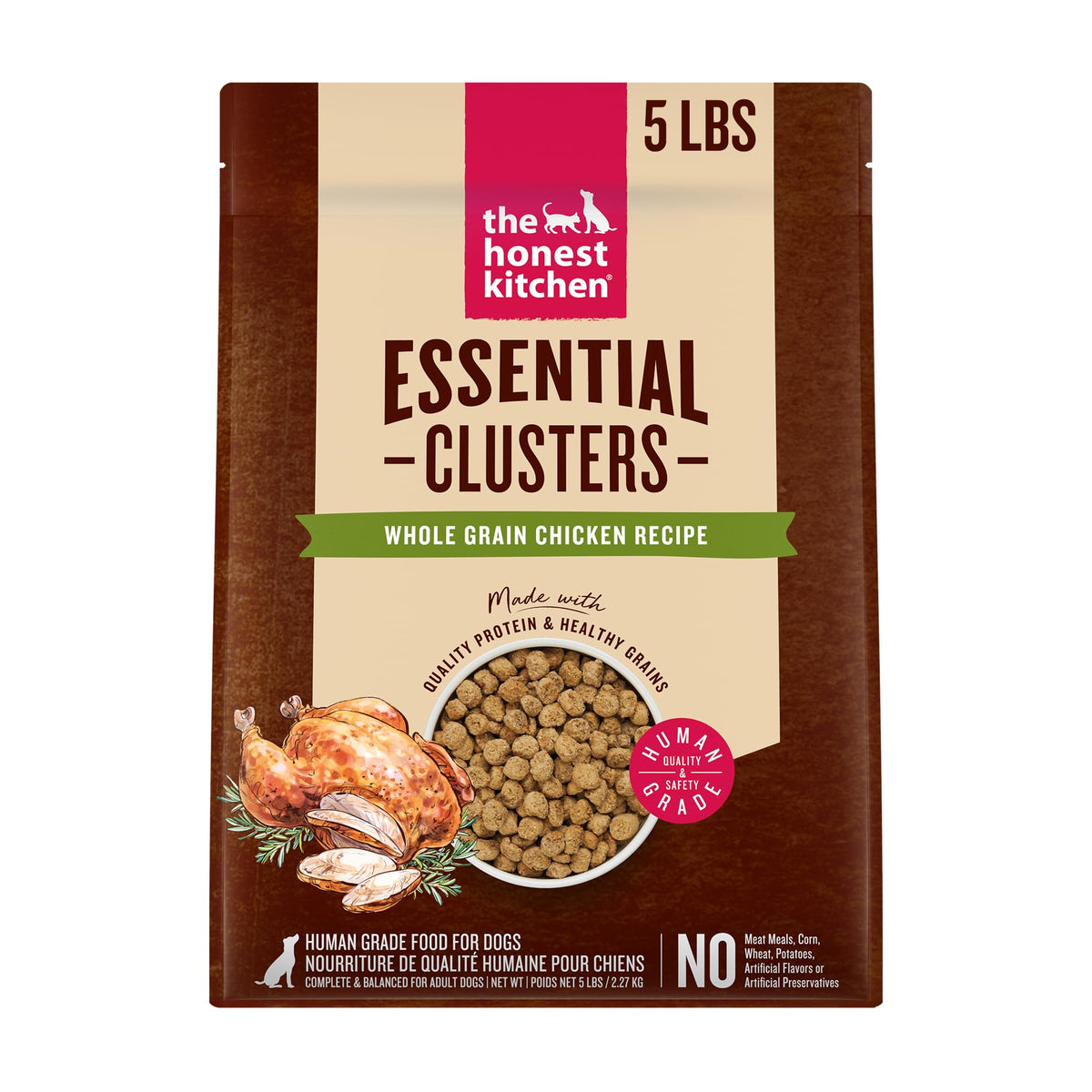 The Honest Kitchen Essential Clusters whole-grain chicken bag highlights premium ingredients for dogs.