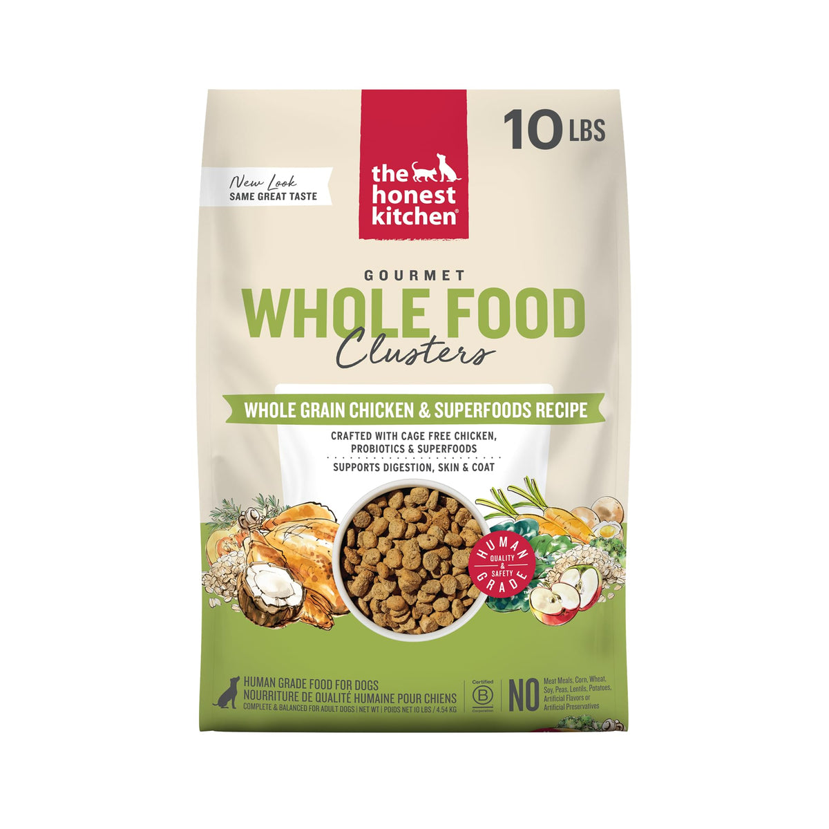 The Honest Kitchen dehydrated whole-grain chicken and oats dog food bag, ready to rehydrate into a wholesome meal.