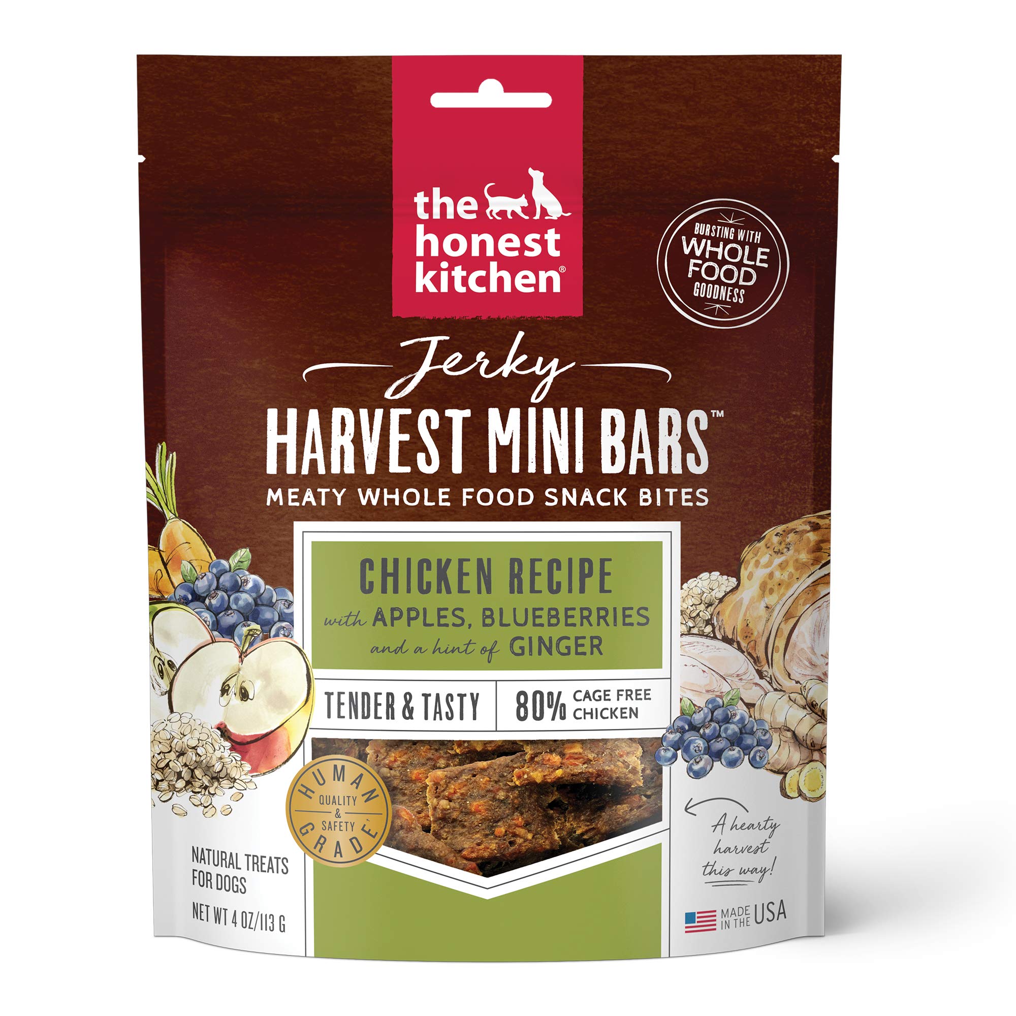 The Honest Kitchen Jerky Harvest Mini Bars bag features chicken, apples and blueberries; high-protein dog snack.