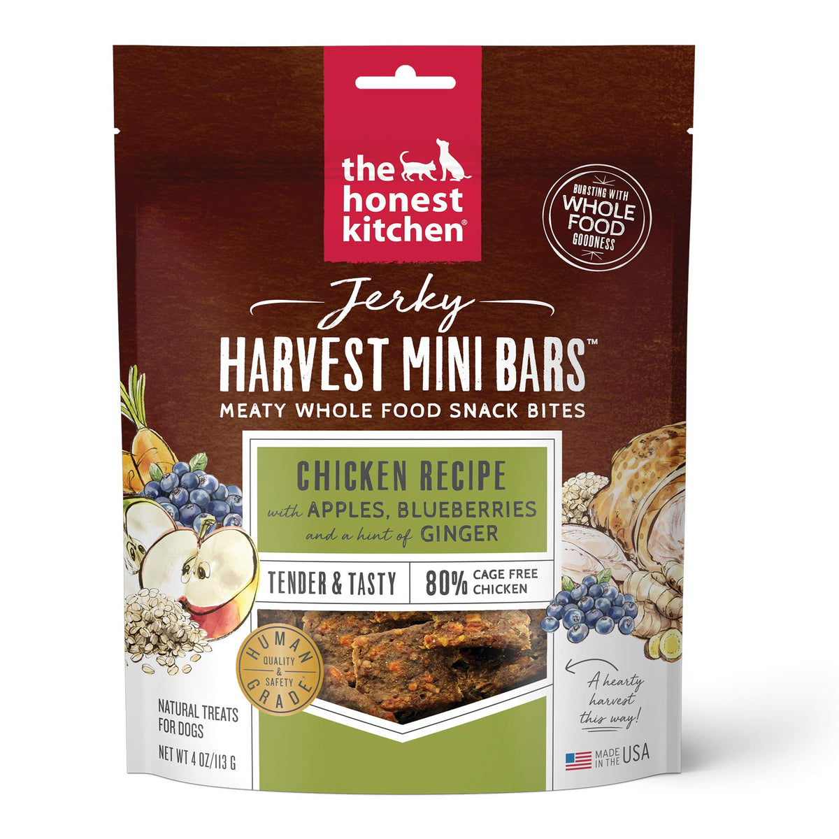 The Honest Kitchen Jerky Harvest Mini Bars bag features chicken, apples and blueberries; high-protein dog snack.