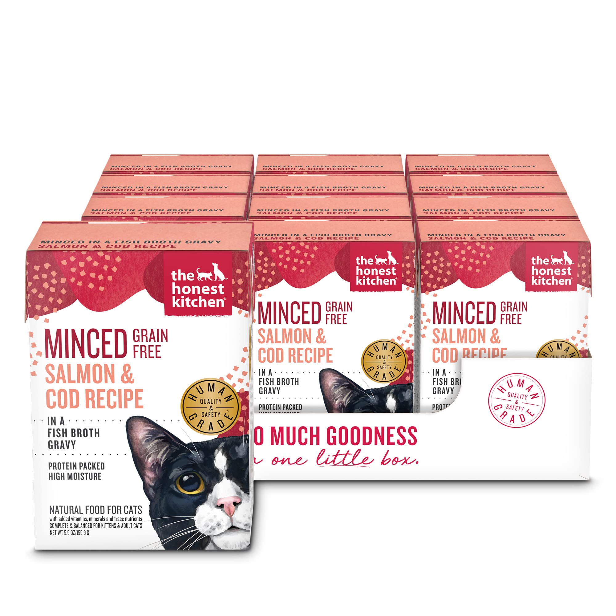 Honest Kitchen minced salmon and cod in fish broth gravy close-up shows ingredients your cat will enjoy.