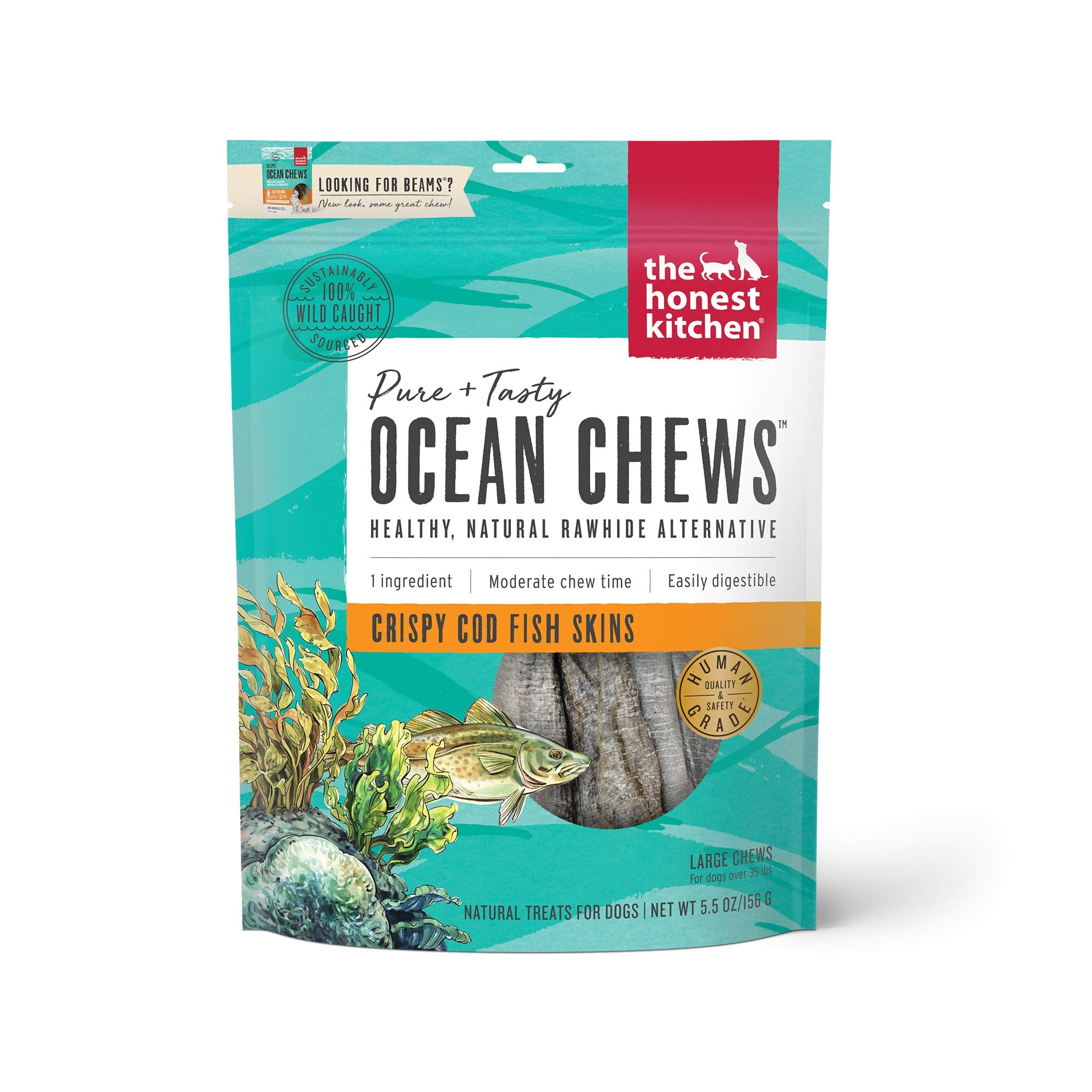 The Honest Kitchen Ocean Chews cod skins packfront: protein-rich dog treat