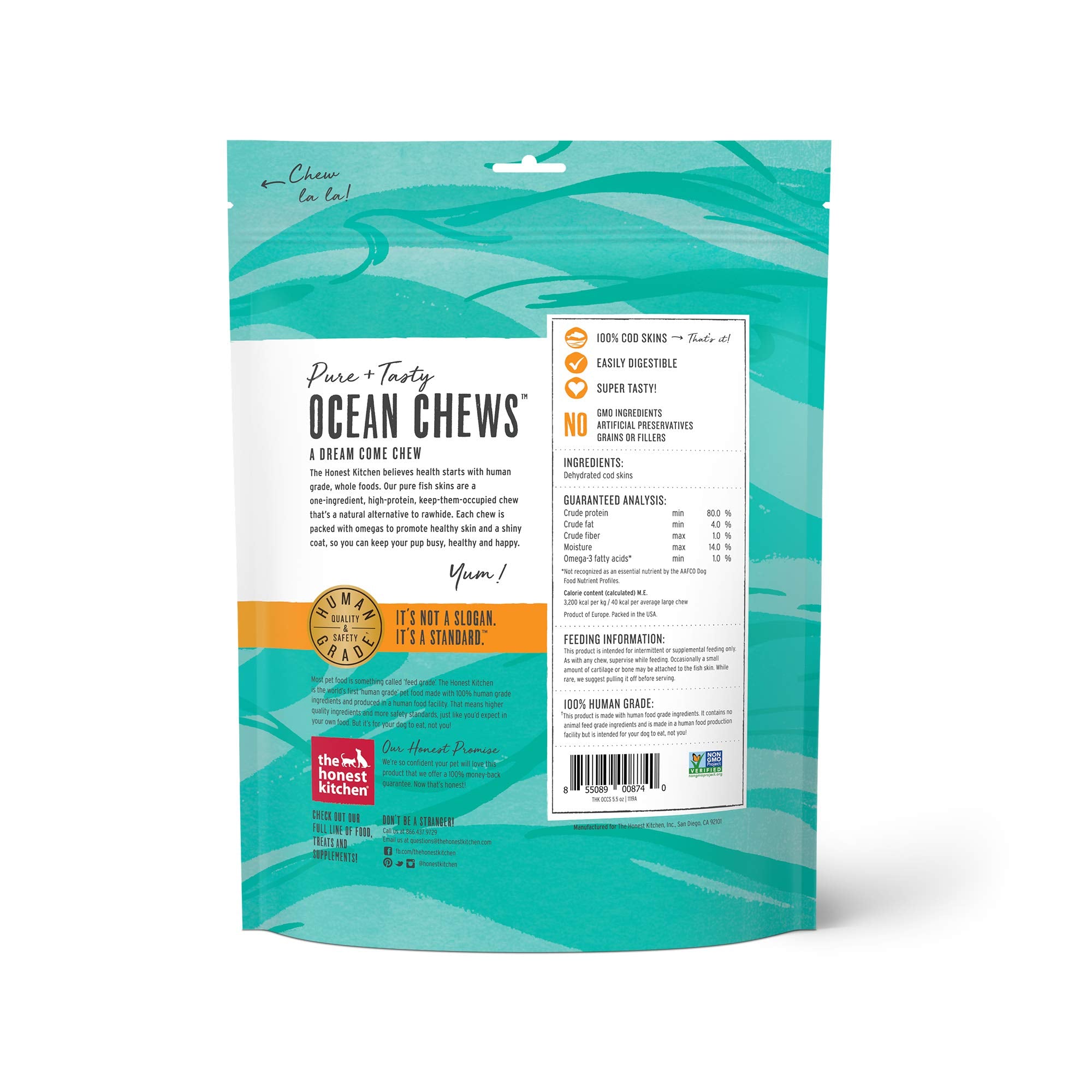 The Honest Kitchen Ocean Chews texture closeup shows crunchy, digestible snack