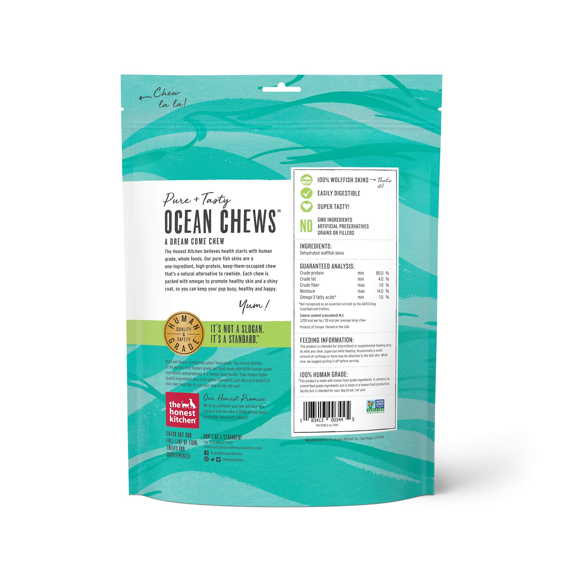 The Honest Kitchen Ocean Chews wolffish skins close-up reveals natural texture and crunch.