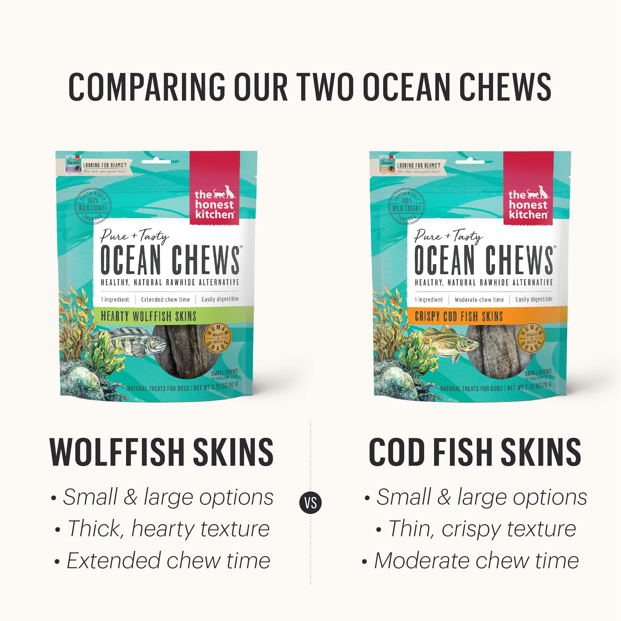 The Honest Kitchen Ocean Chews dog chewing demonstrates a satisfying, safe bite.