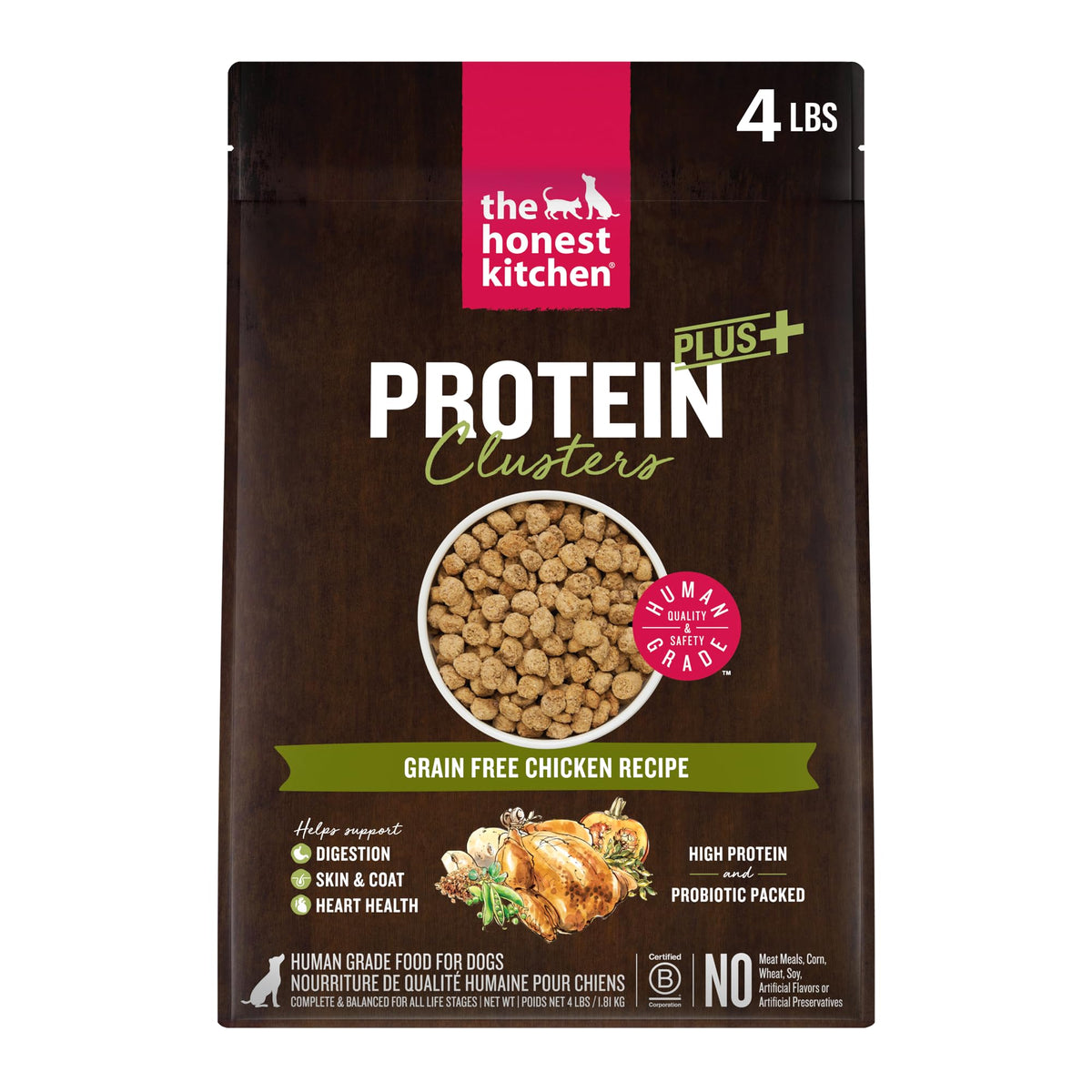 The Honest Kitchen Protein Plus Clusters bag open reveals real ingredients for high-protein canine meals