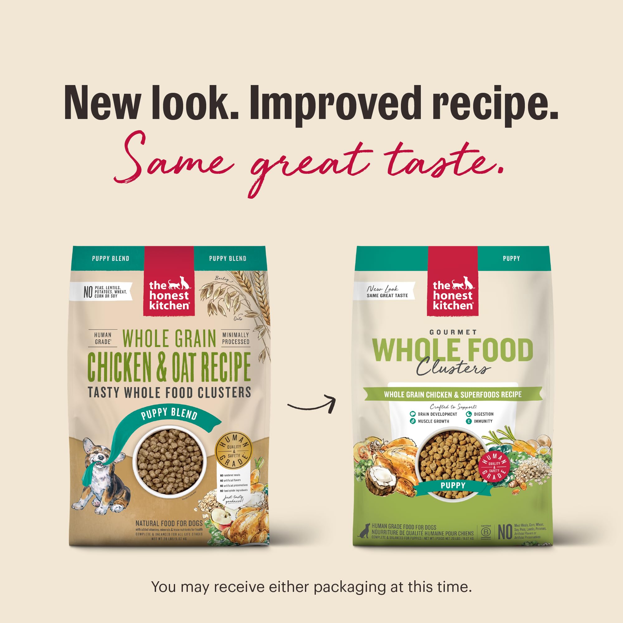 The Honest Kitchen Puppy Blend kibble close-up highlights premium whole-food bites.