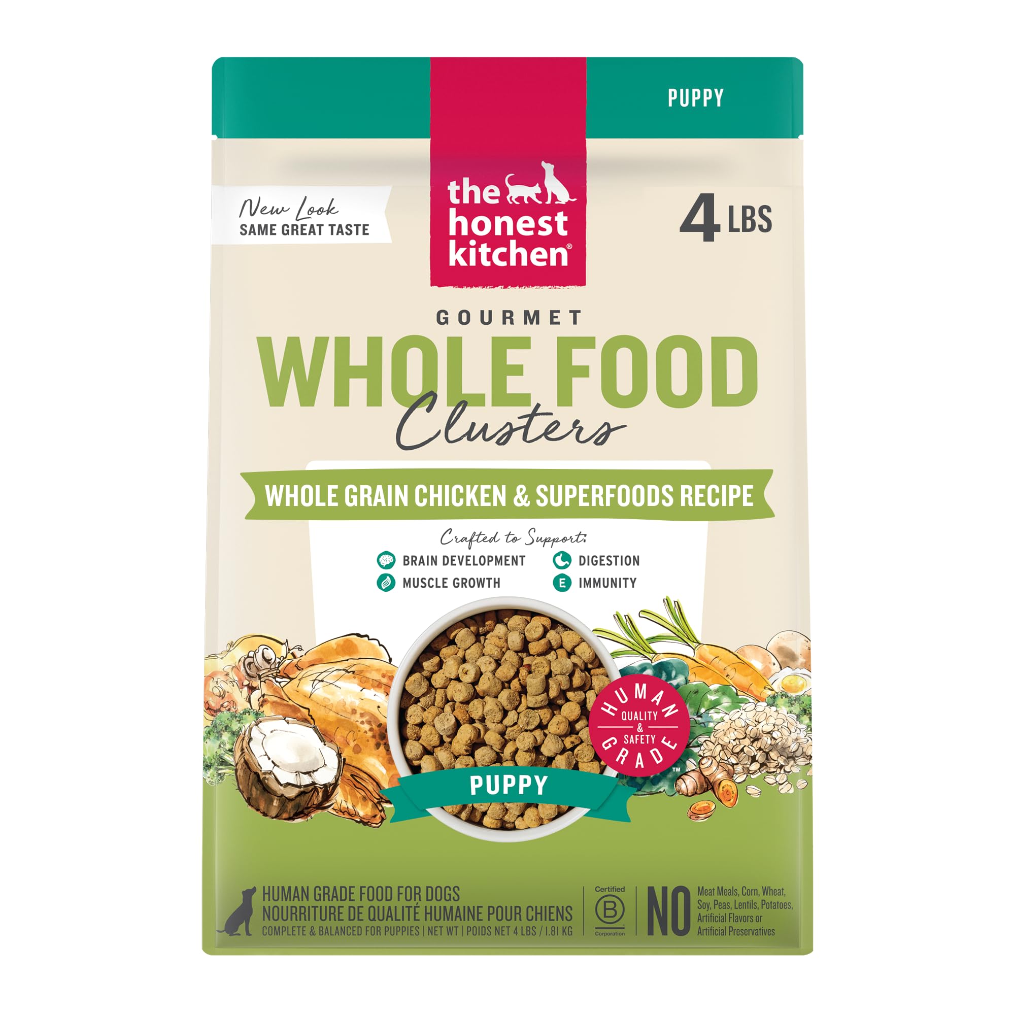The Honest Kitchen Puppy Whole Food Clusters bag shows chicken for growth