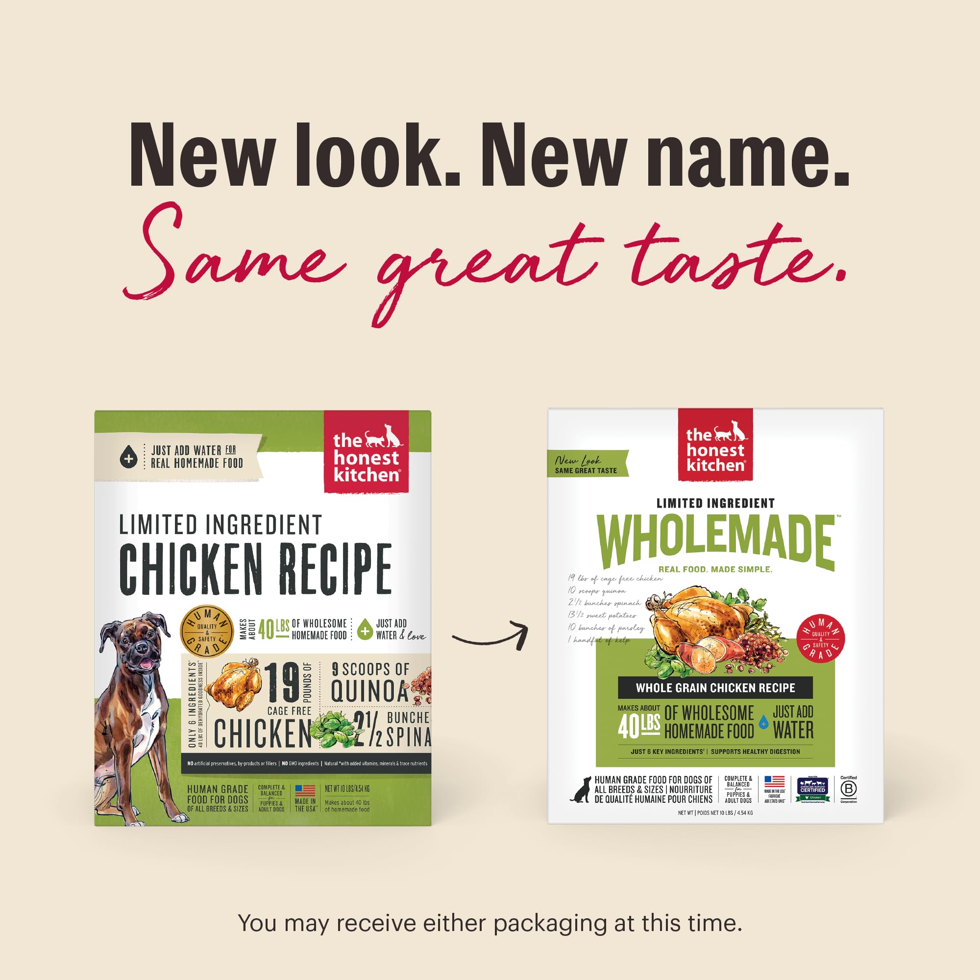 The Honest Kitchen Wholemade six-ingredient formula highlights simple, limited ingredients.