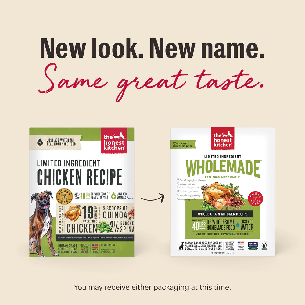 The Honest Kitchen Wholemade six-ingredient formula highlights simple, limited ingredients.