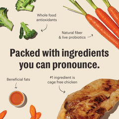 The Honest Kitchen small breed clusters vegetables and chicken ingredients shown in focus.