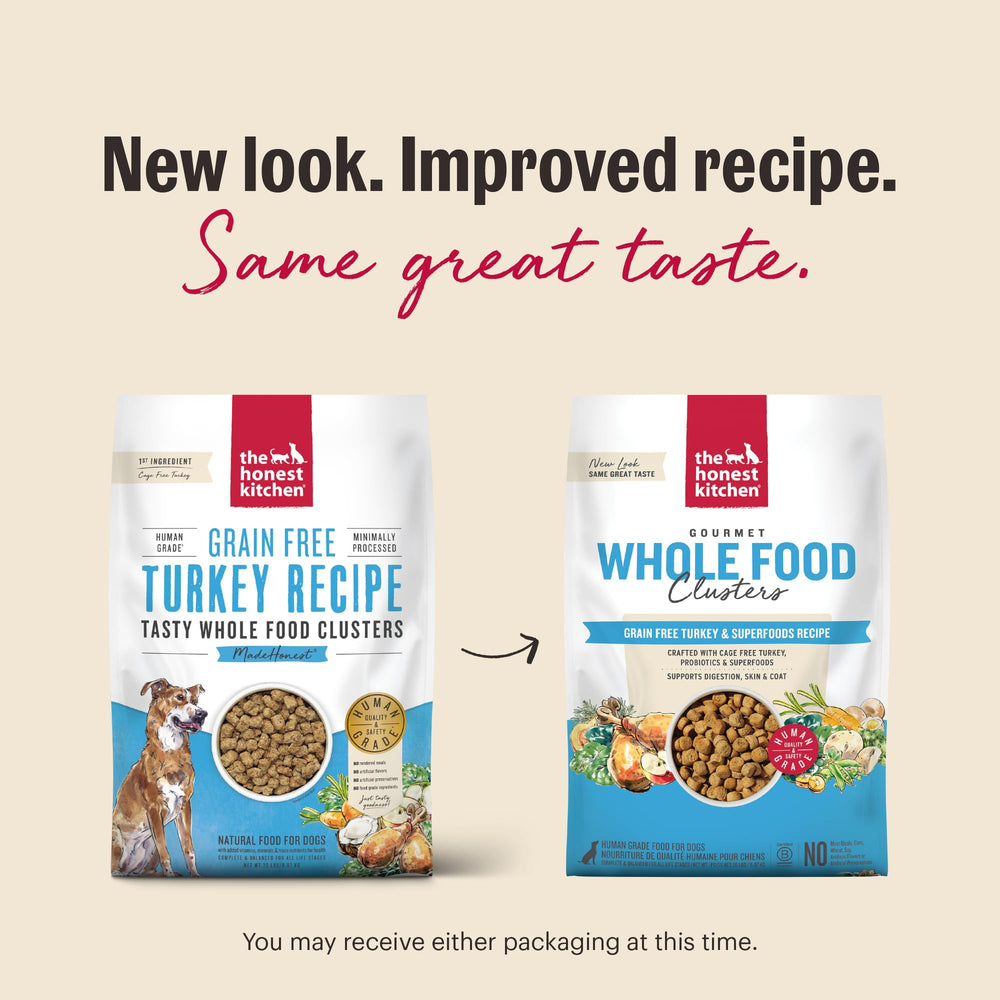 The Honest Kitchen turkey clusters close-up highlights grain-free ingredients for dogs.
