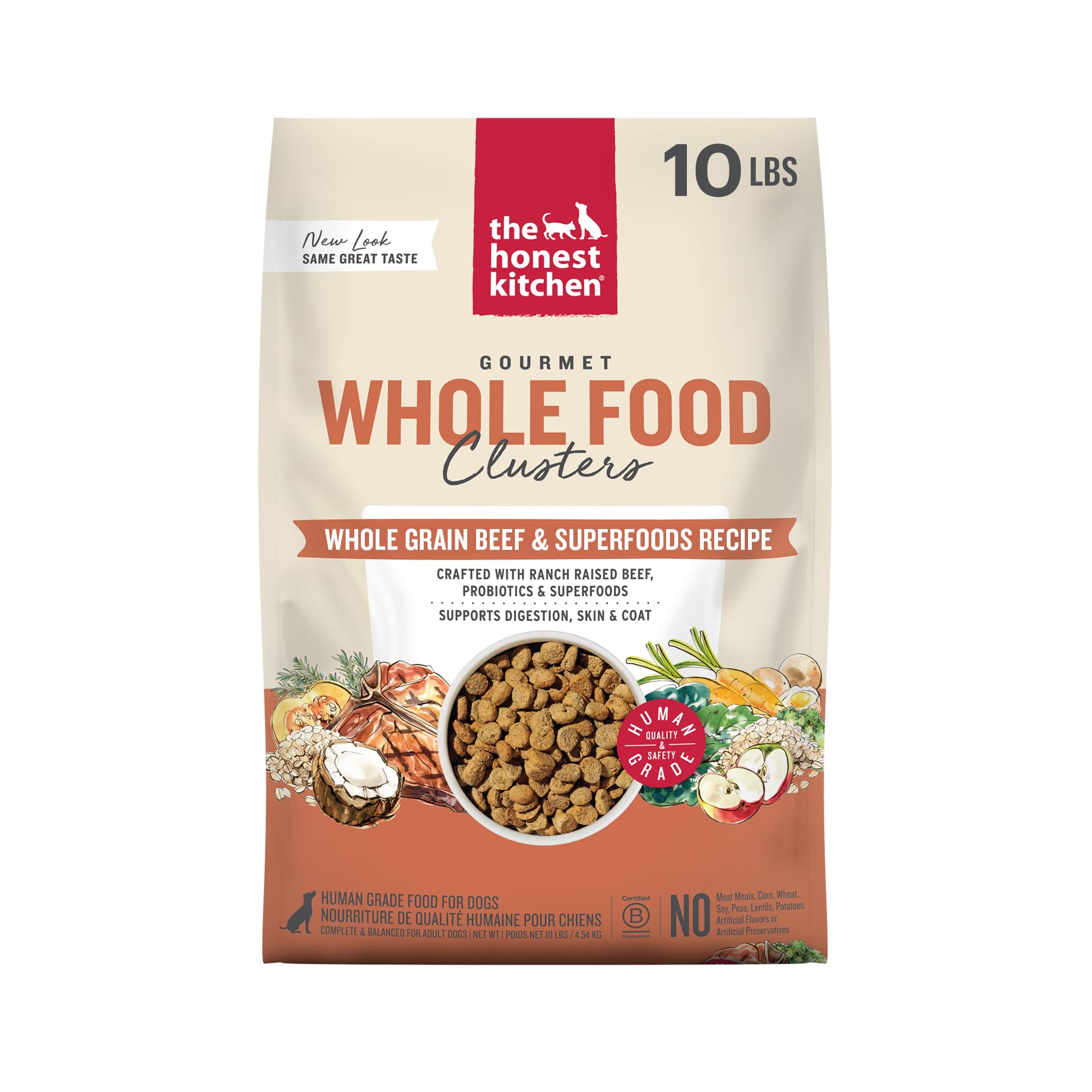 The Honest Kitchen Whole Food Clusters bag front shows premium ingredients for balanced canine nutrition.