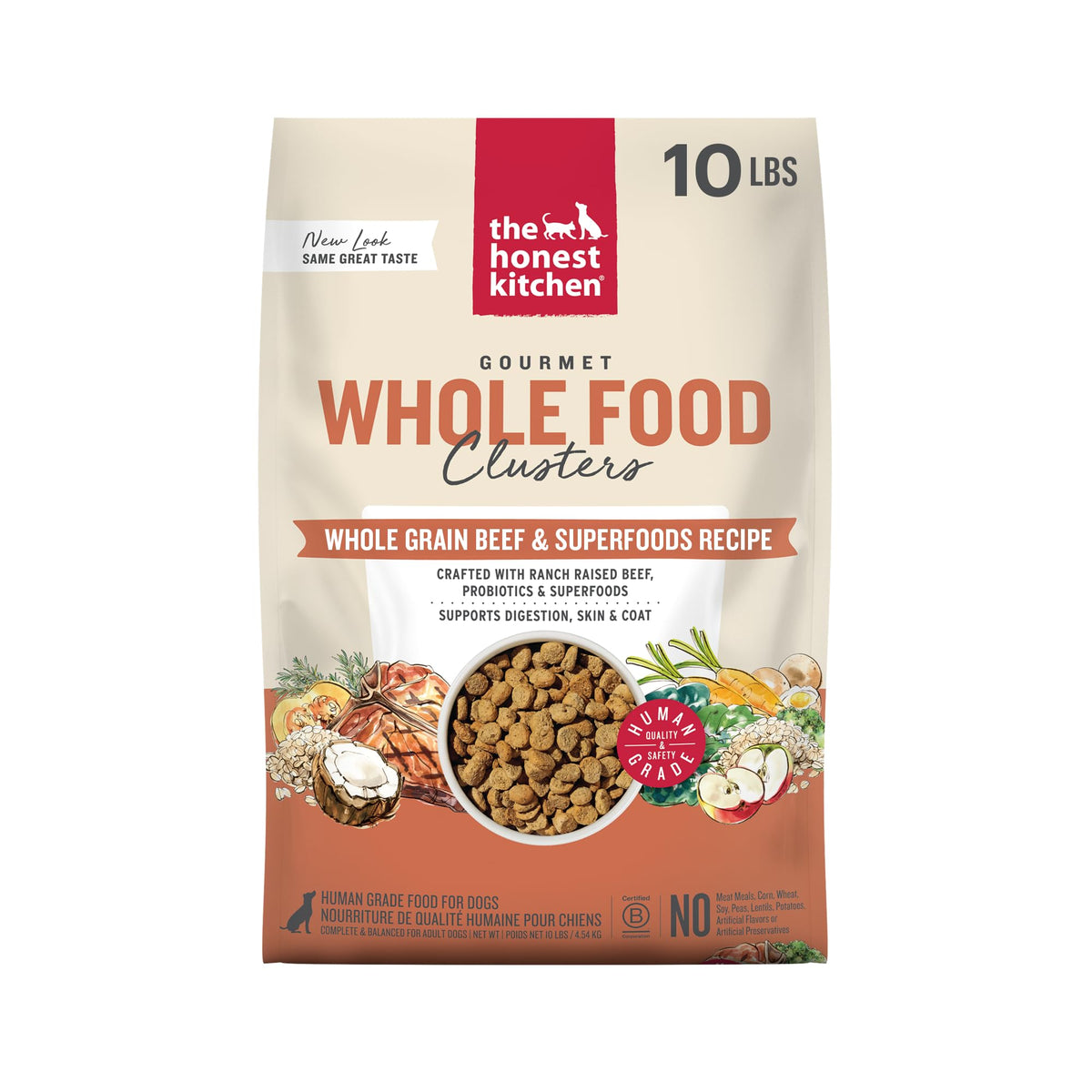 The Honest Kitchen Whole Food Clusters bag front shows premium ingredients for balanced canine nutrition.