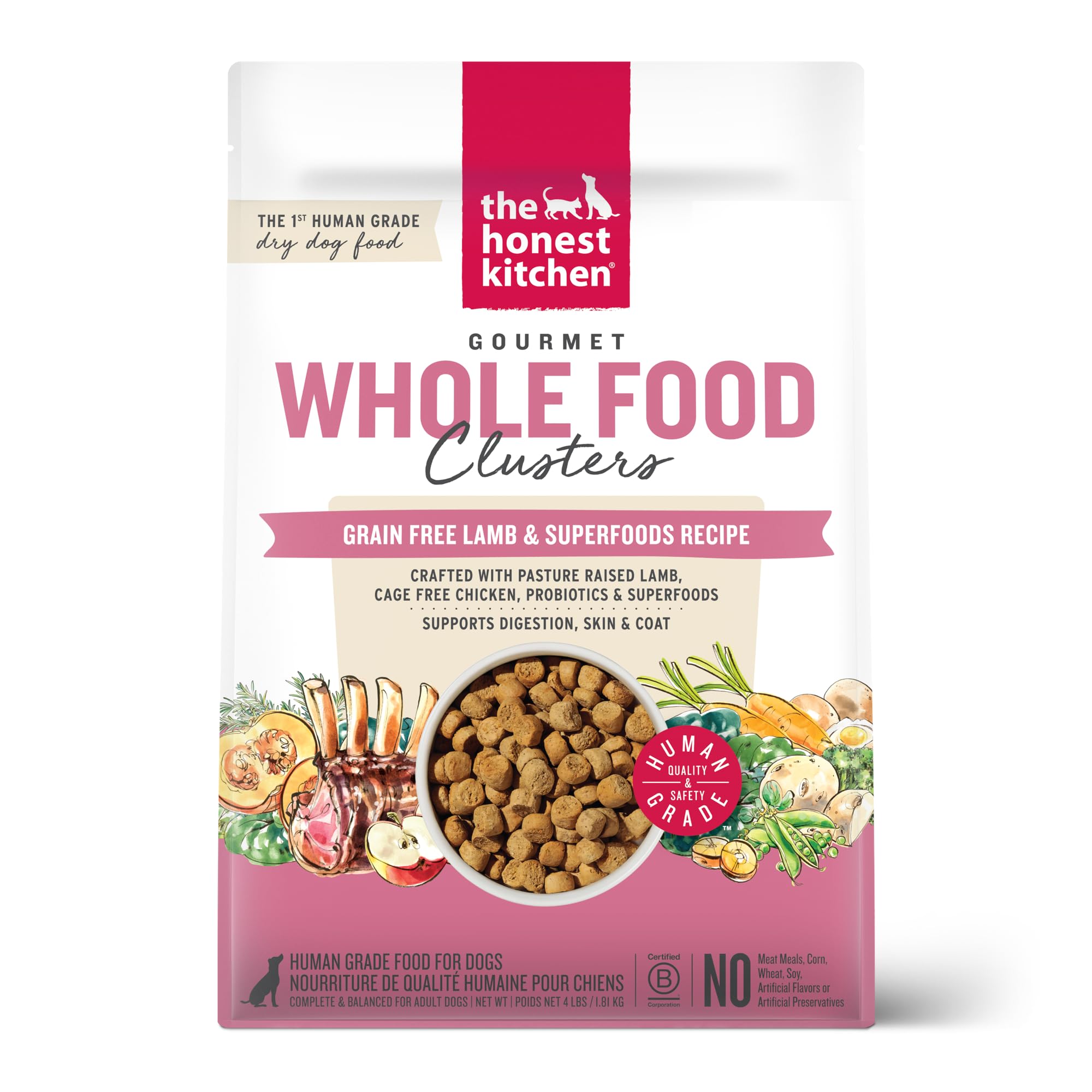 The Honest Kitchen whole food clusters lamb dry dog food bag shows premium, human-grade nutrition for balanced meals.