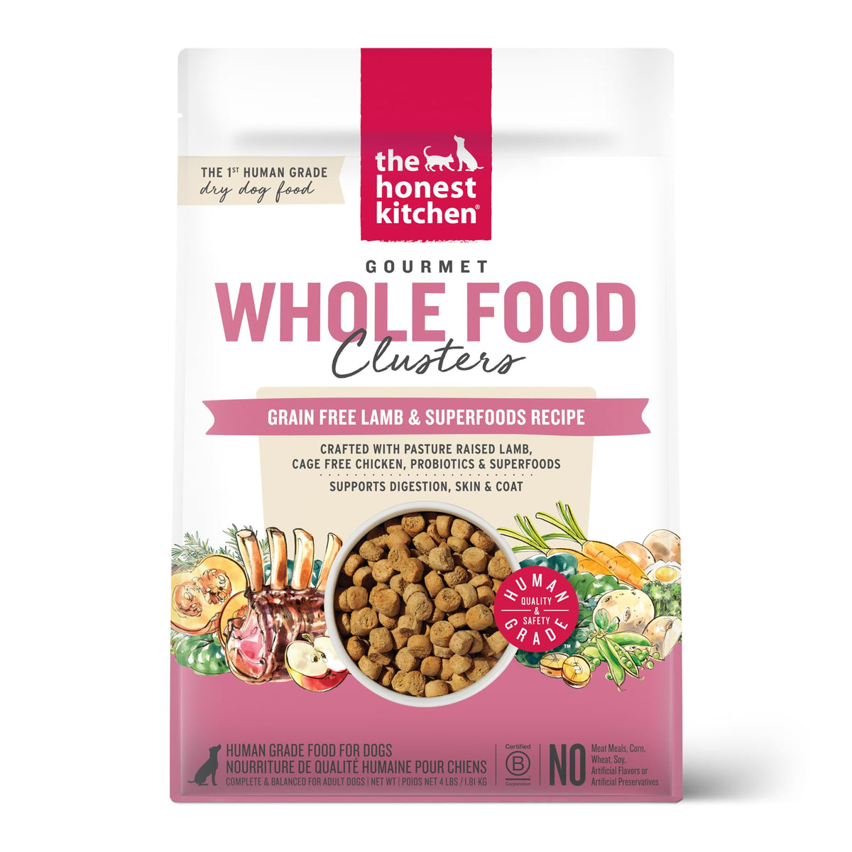 The Honest Kitchen whole food clusters lamb dry dog food bag shows premium, human-grade nutrition for balanced meals.