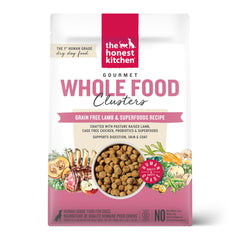 The Honest Kitchen whole food clusters lamb dry dog food bag shows premium, human-grade nutrition for balanced meals.