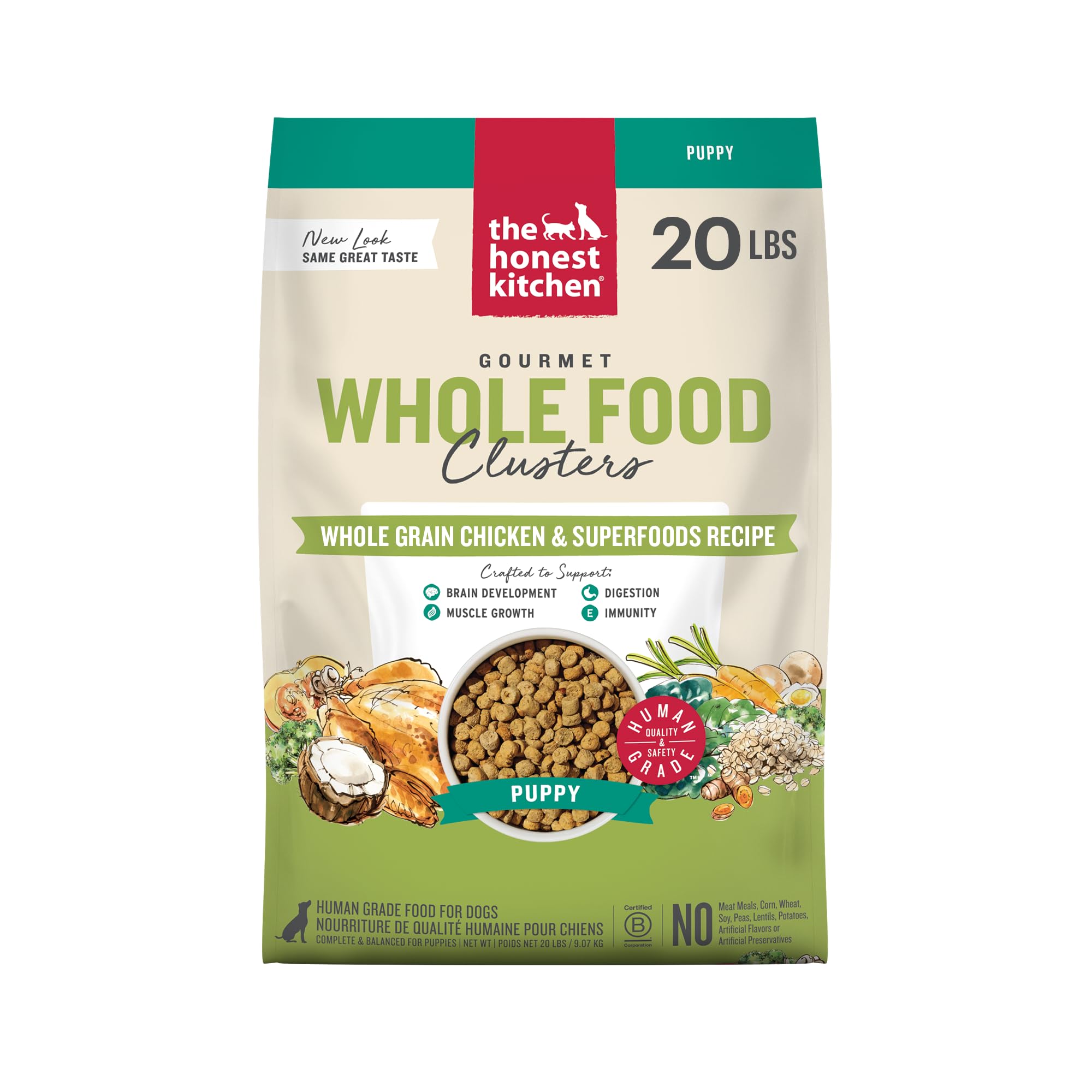 The Honest Kitchen Puppy Blend bag shows human-grade ingredients for healthy growth.