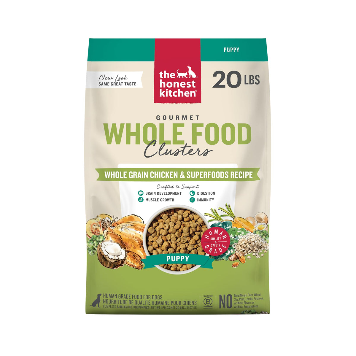 The Honest Kitchen Puppy Blend bag shows human-grade ingredients for healthy growth.