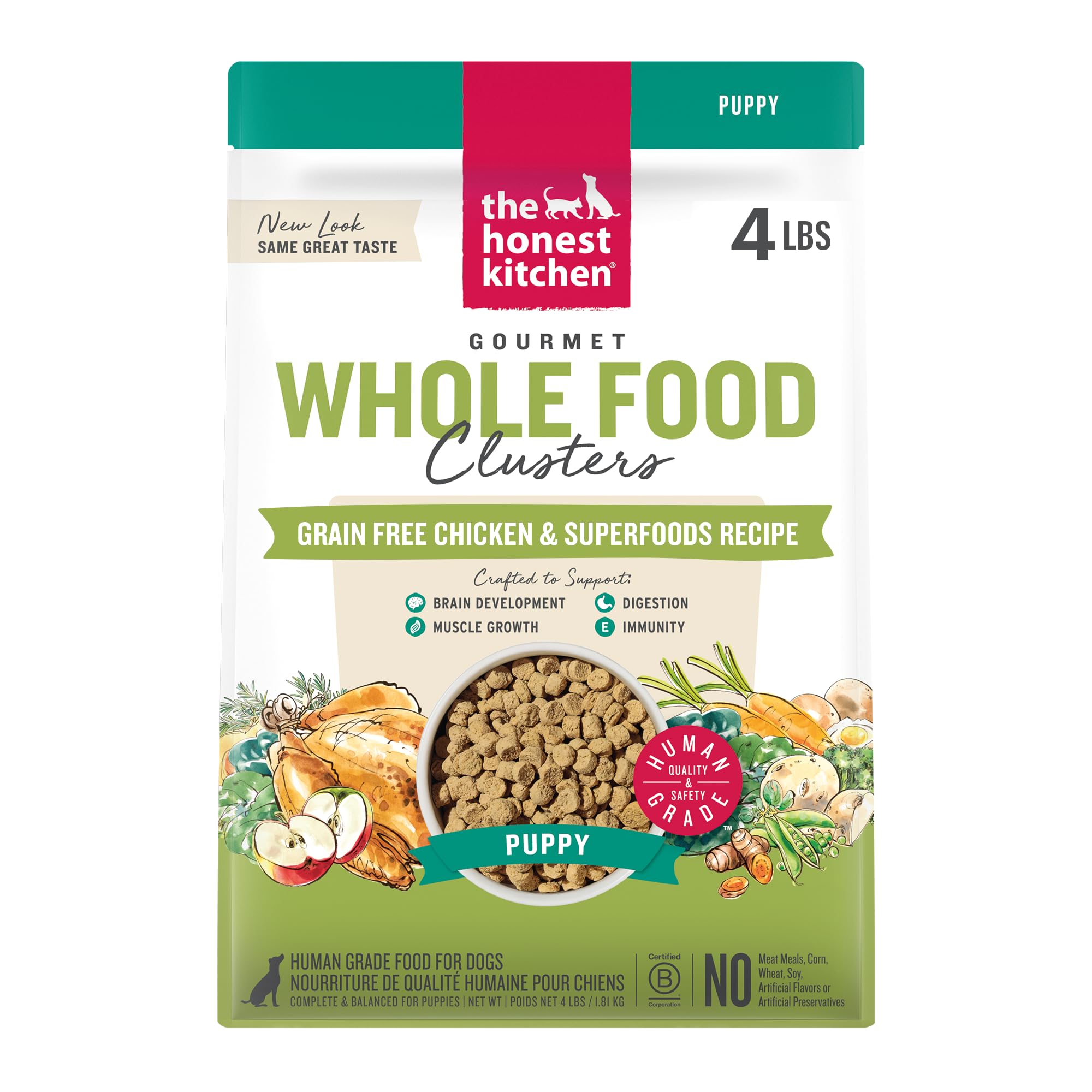 The Honest Kitchen Whole Food Clusters puppy bag with grain-free chicken supports growing puppies' nutrition