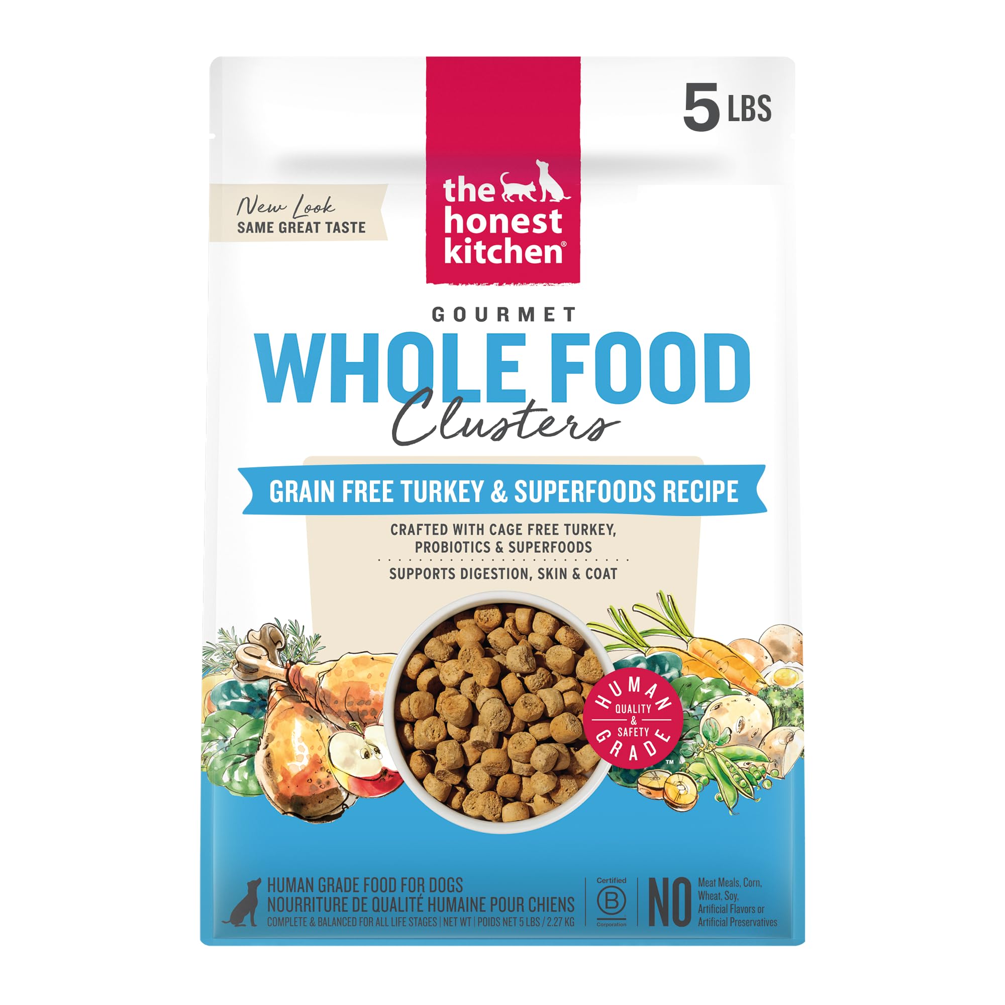 The Honest Kitchen whole-food clusters turkey 5lb bag shows human-grade ingredients.