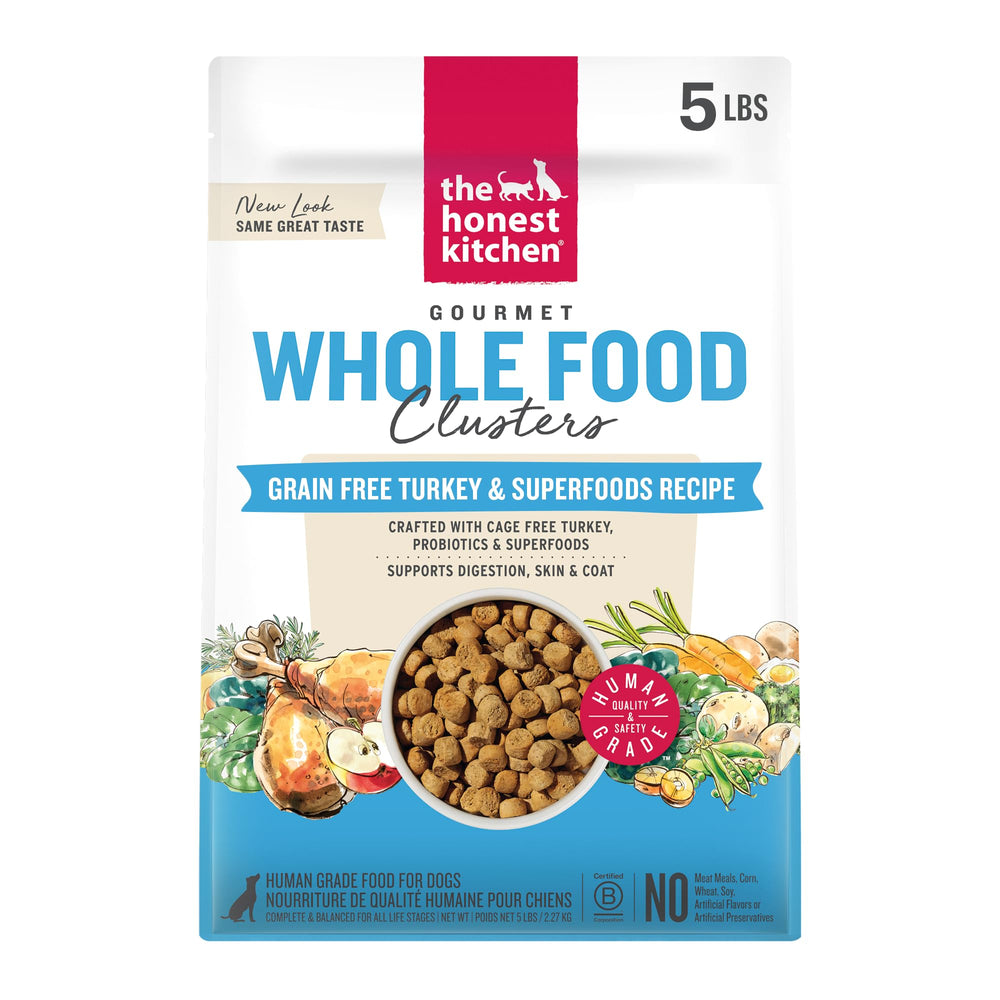 The Honest Kitchen whole-food clusters turkey 5lb bag shows human-grade ingredients.