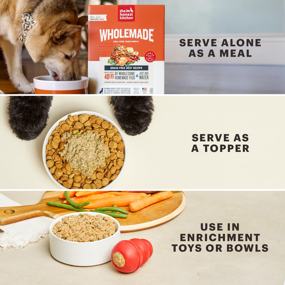 The Honest Kitchen Wholemade 2lb box packaging hints at eight pounds of rehydrated meals.