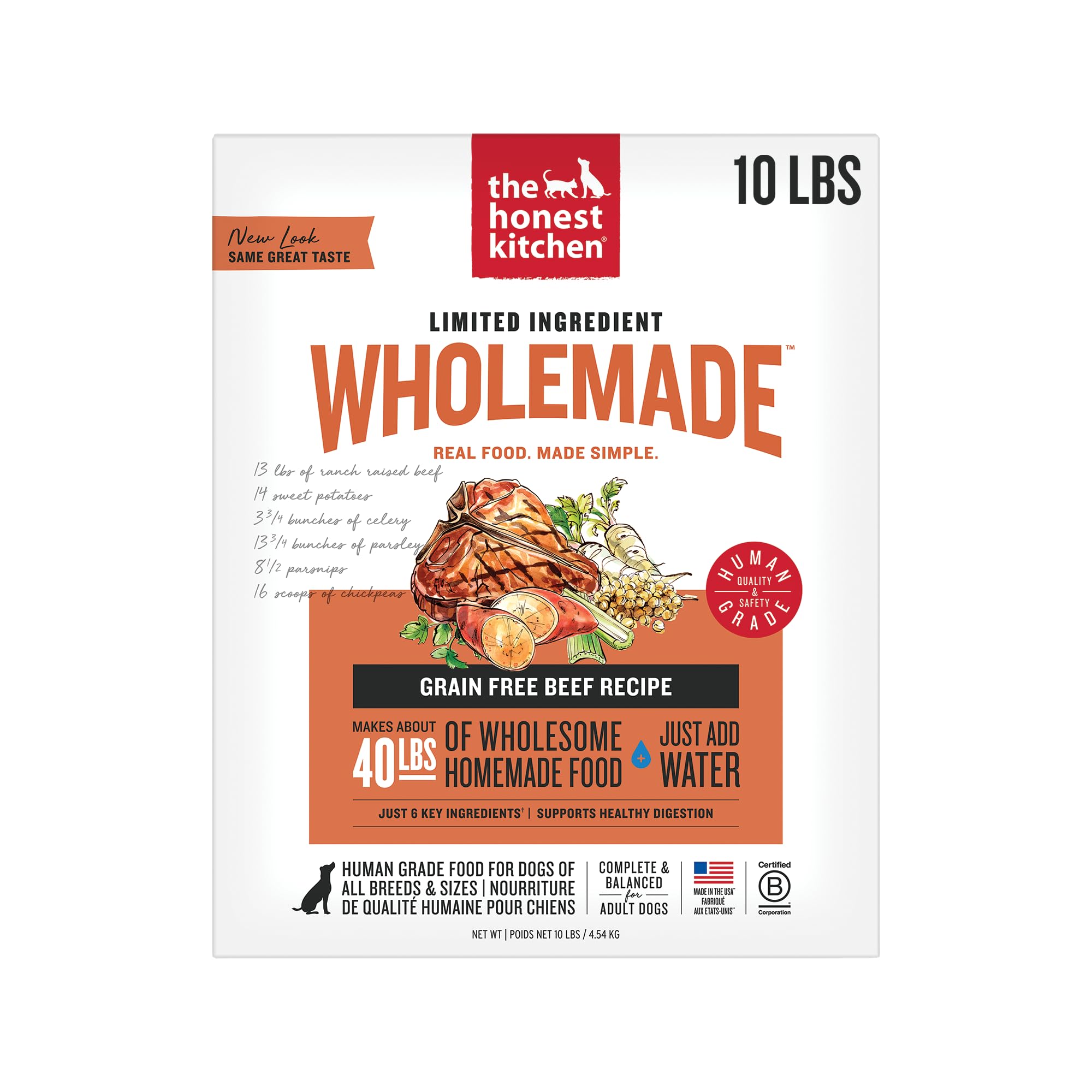 The Honest Kitchen Wholemade beef dehydrated dog food 10 lb bag provides convenient home meals.