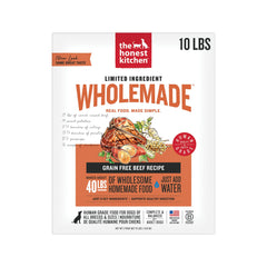 The Honest Kitchen Wholemade beef dehydrated dog food 10 lb bag provides convenient home meals.