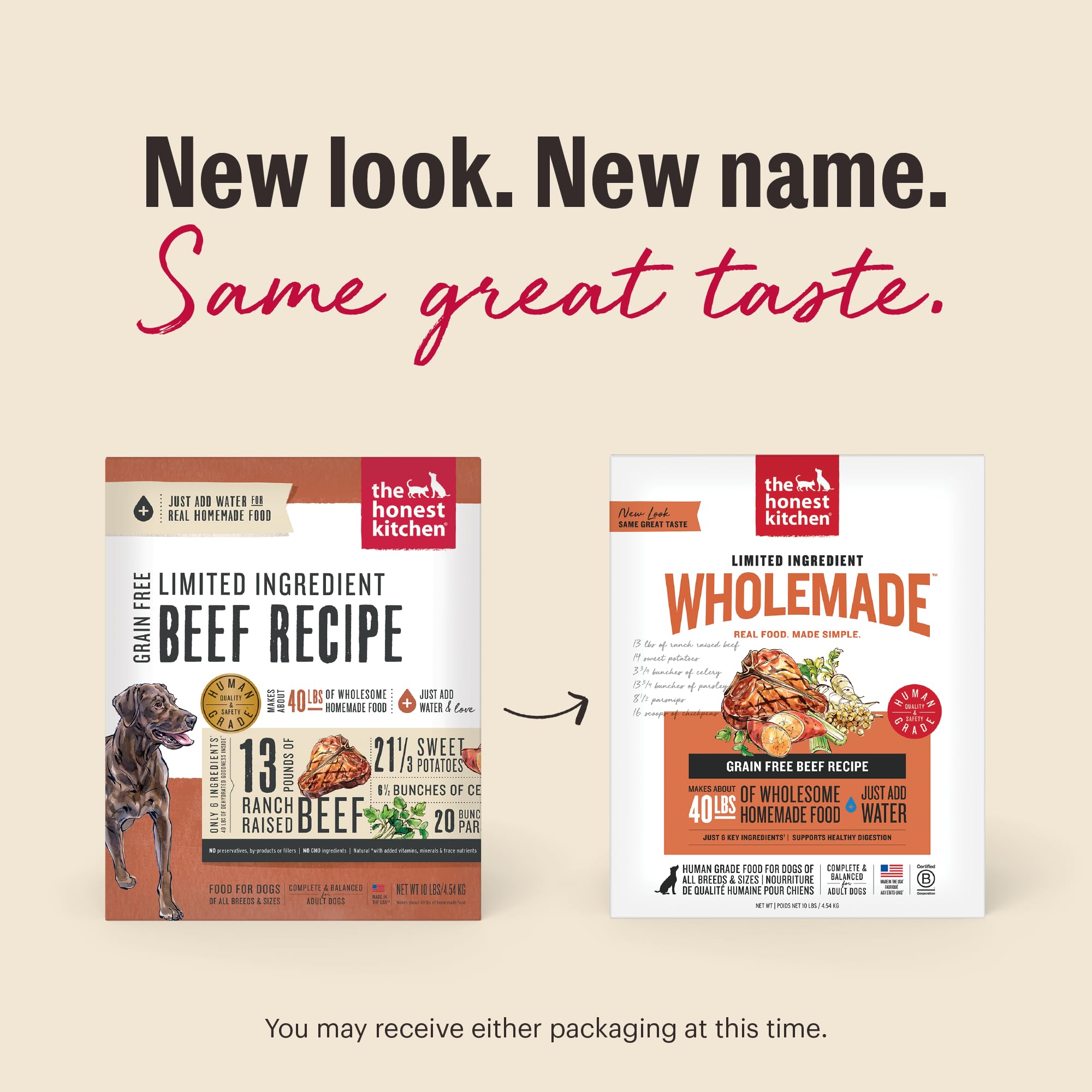 The Honest Kitchen Wholemade beef dehydrated dog food – add water for a quick, complete meal.