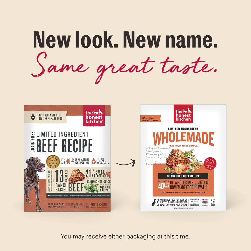 The Honest Kitchen Wholemade beef dehydrated dog food – add water for a quick, complete meal.