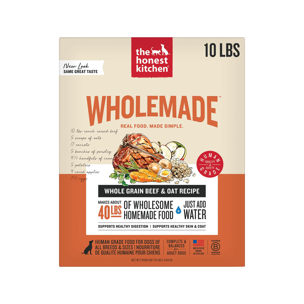 The Honest Kitchen Wholemade beef-oat dog food bag with premium ingredients for balanced meals.