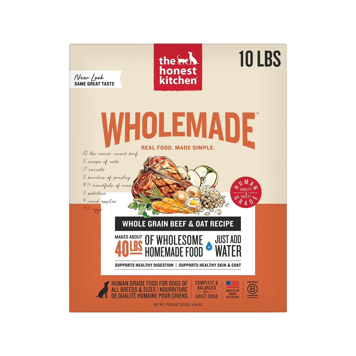 The Honest Kitchen Wholemade beef-oat dog food bag with premium ingredients for balanced meals.