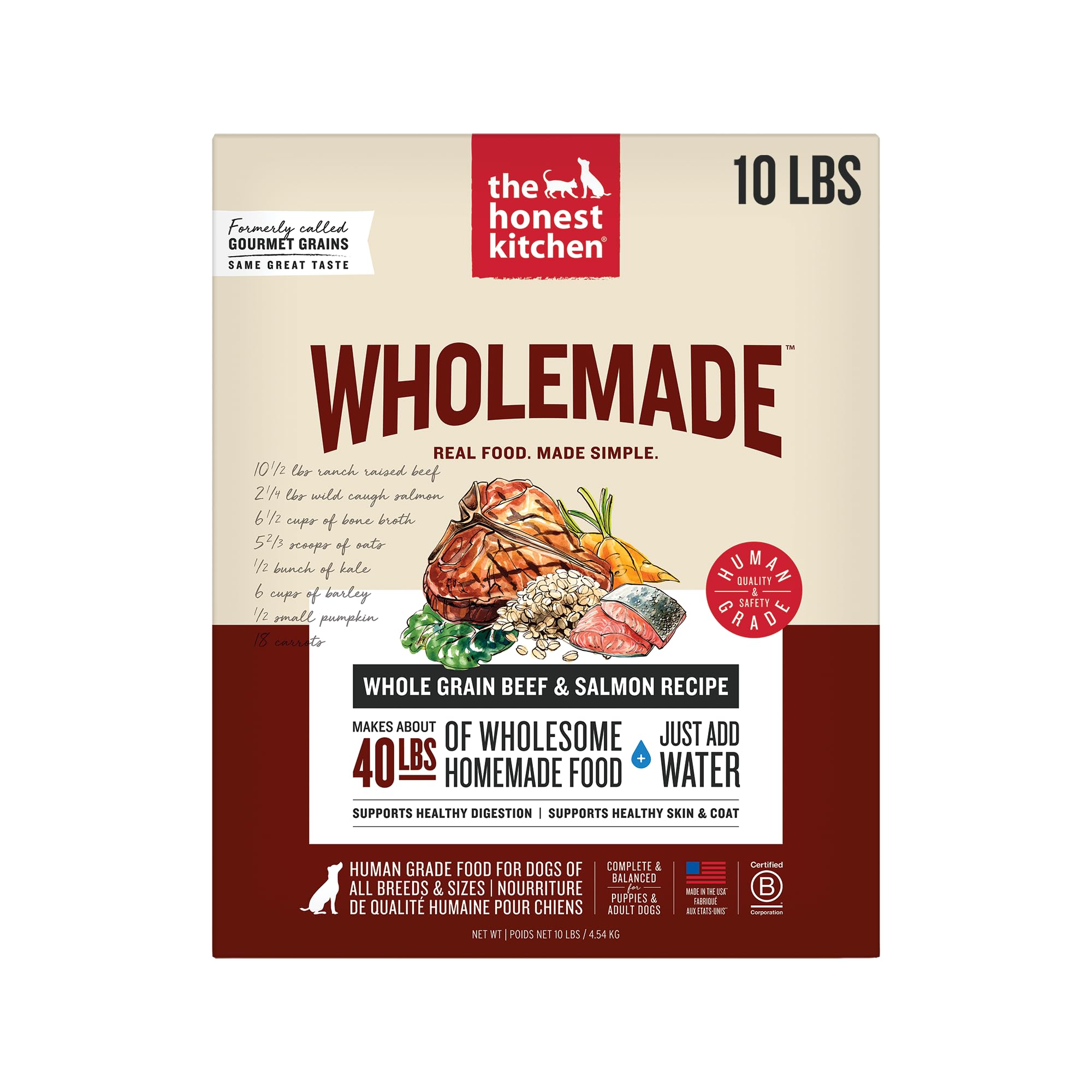 The Honest Kitchen WholeMade Dehydrated Dog Food bag with beef and salmon highlights premium ingredients.