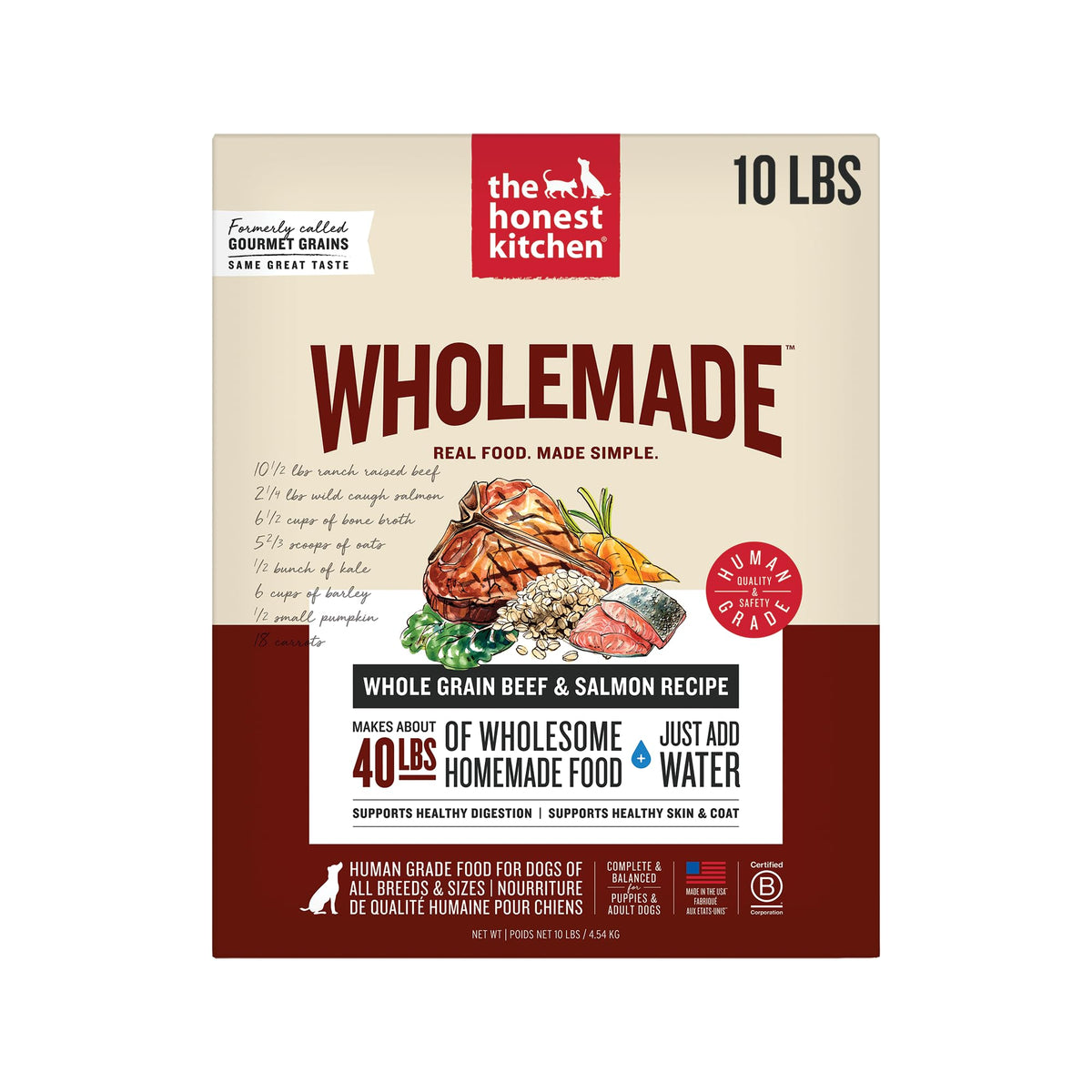 The Honest Kitchen WholeMade Dehydrated Dog Food bag with beef and salmon highlights premium ingredients.