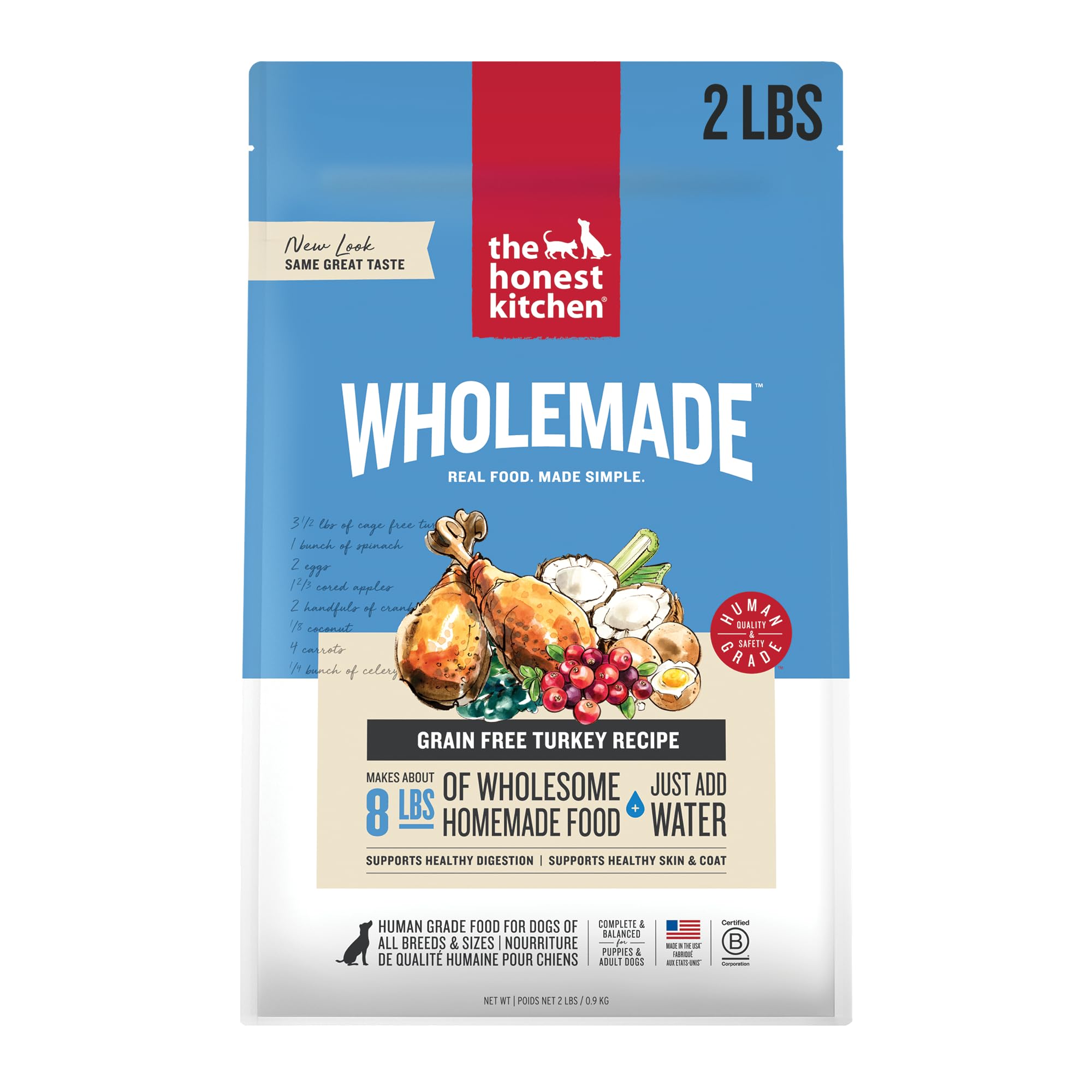 The Honest Kitchen Wholemade turkey dehydrated dog food in a 2lb bag for convenient meals.