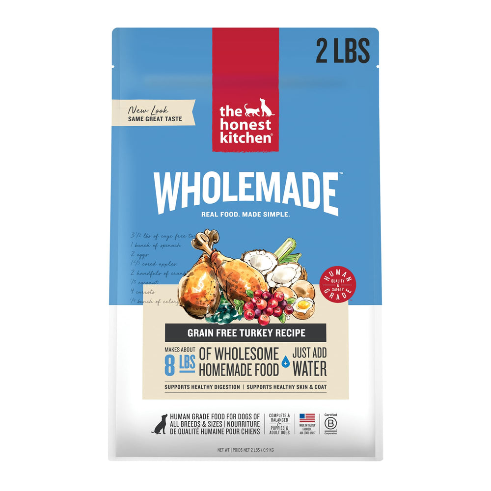 The Honest Kitchen Wholemade turkey dehydrated dog food in a 2lb bag for convenient meals.