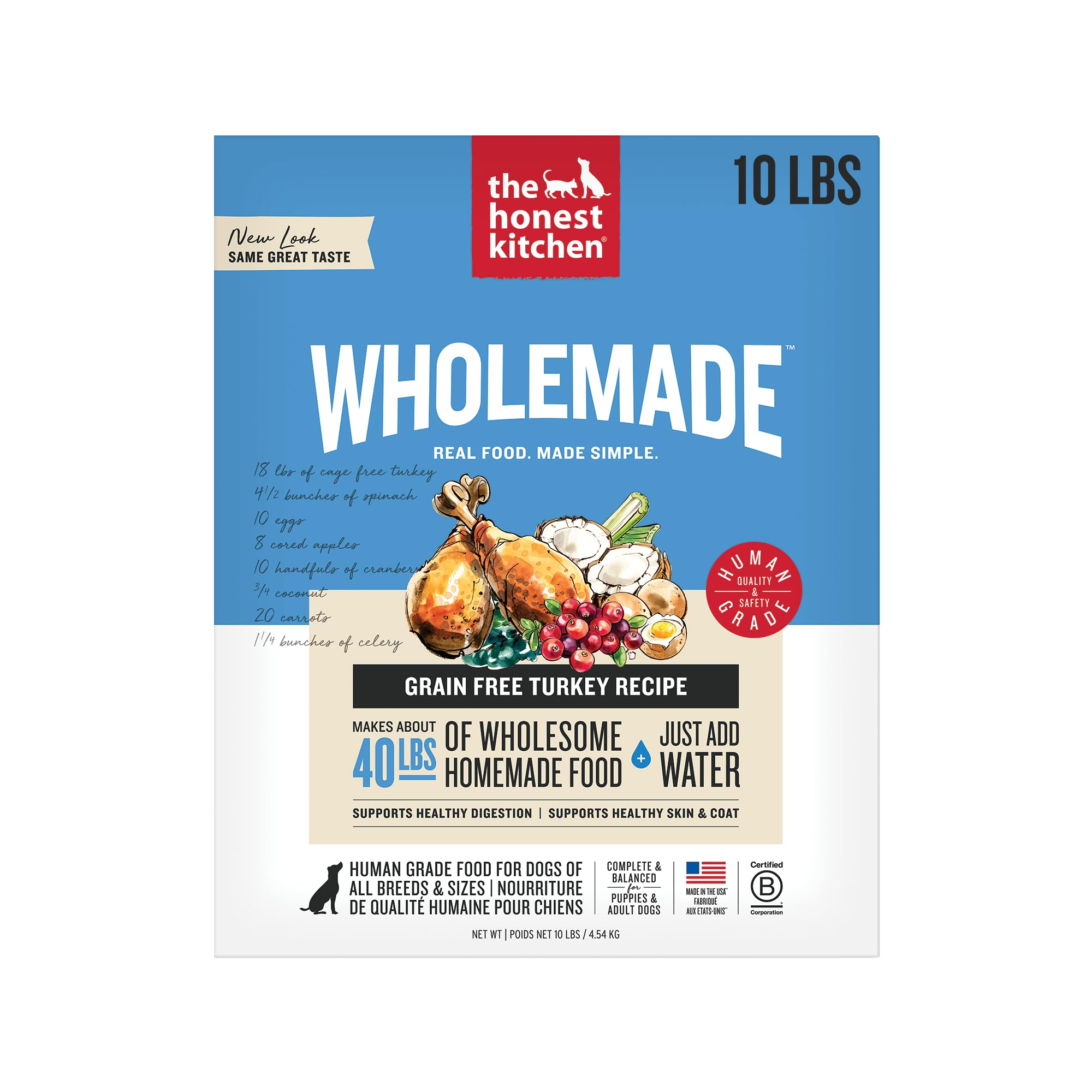 The Honest Kitchen Wholemade turkey dog food bag close-up showing clean ingredients for home meals