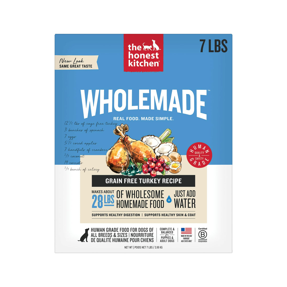 The Honest Kitchen Wholemade turkey dog food bag close-up with premium ingredients.