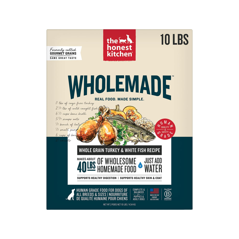 The Honest Kitchen Wholemade dog food bowl with turkey and whitefish, ready-to-serve complete meal.