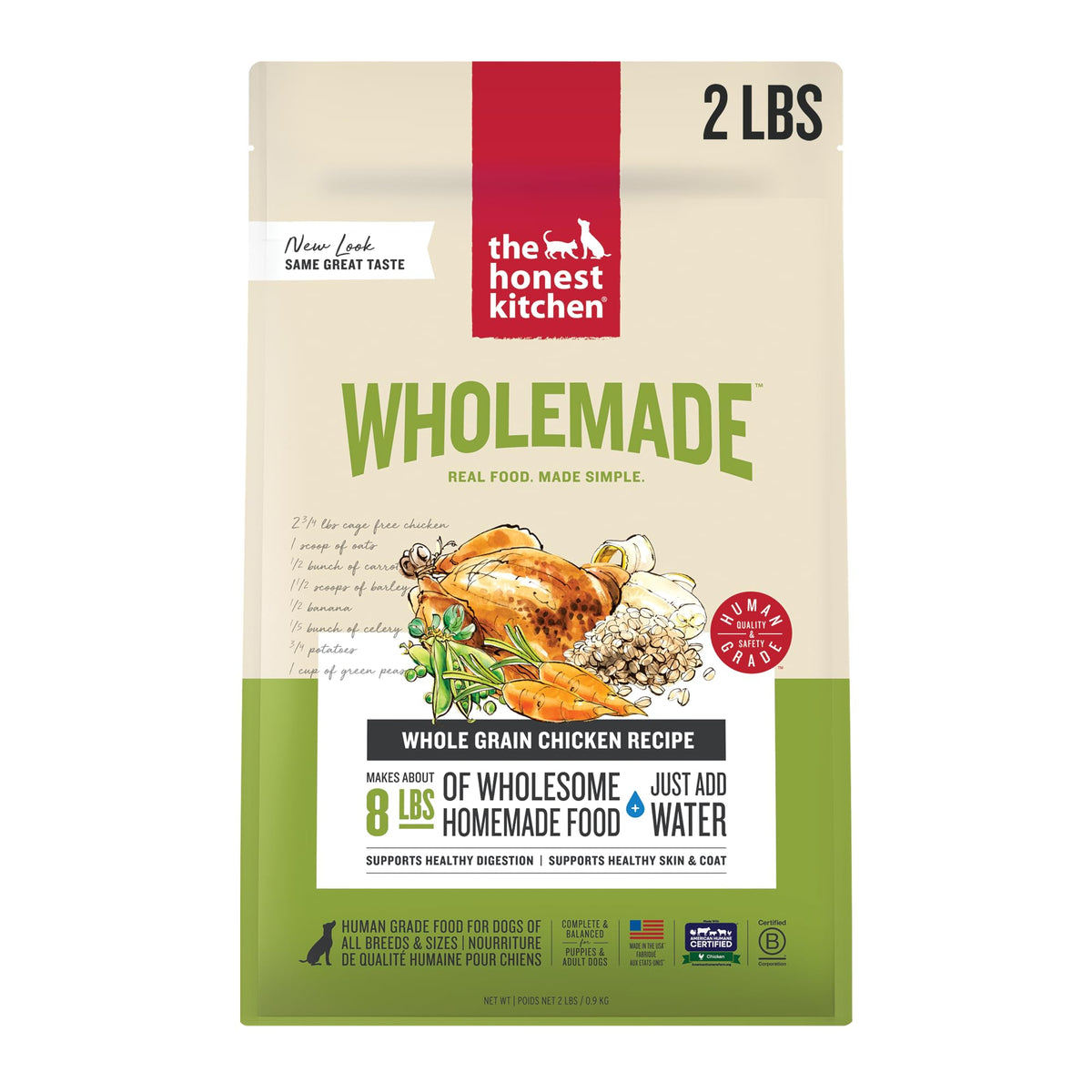 The Honest Kitchen Wholemade chicken dog food in a 2lb box, convenient for quick meals.