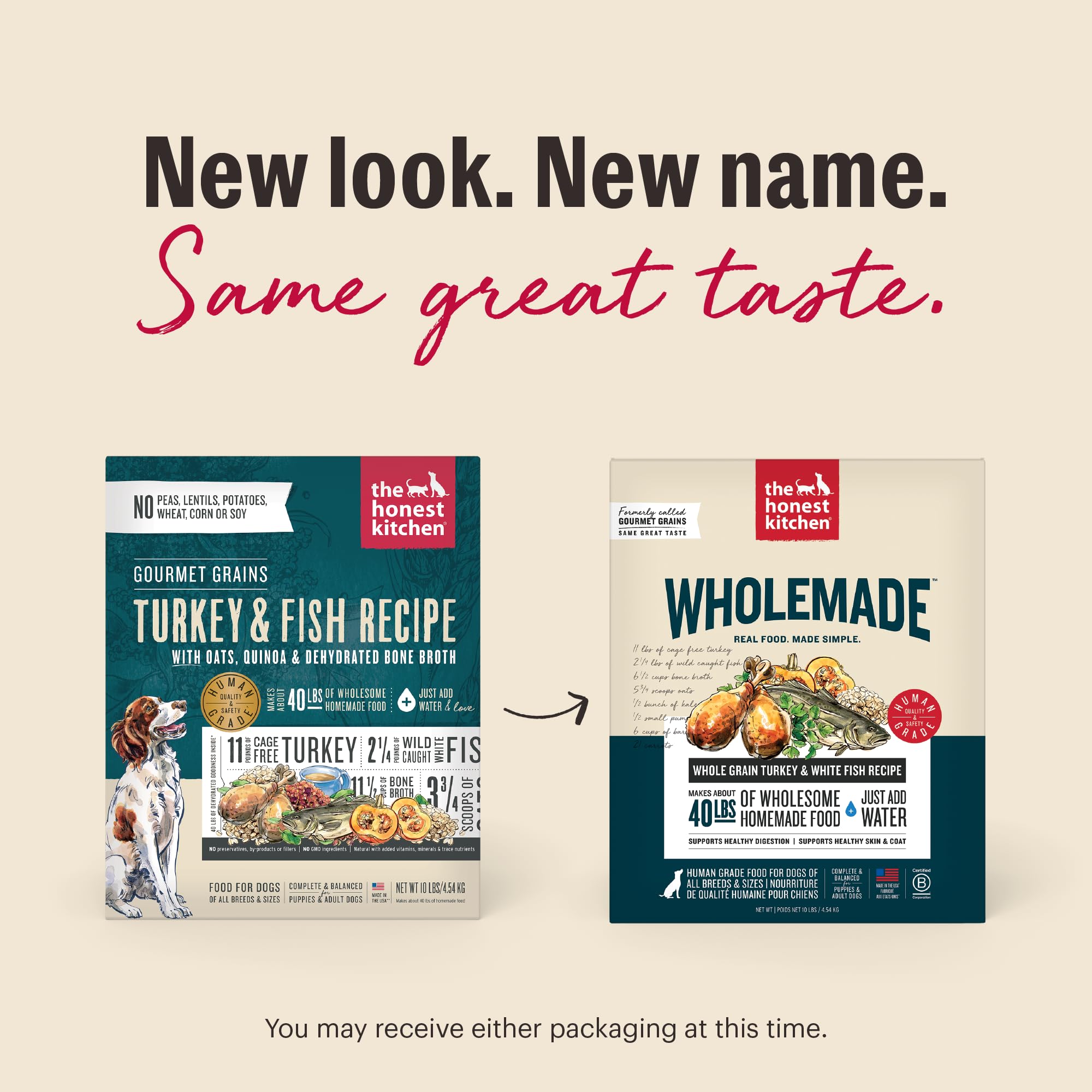The Honest Kitchen Wholemade ingredients bag showing cage-free turkey and wild-caught whitefish for high-quality protein.