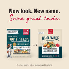 The Honest Kitchen Wholemade ingredients bag showing cage-free turkey and wild-caught whitefish for high-quality protein.