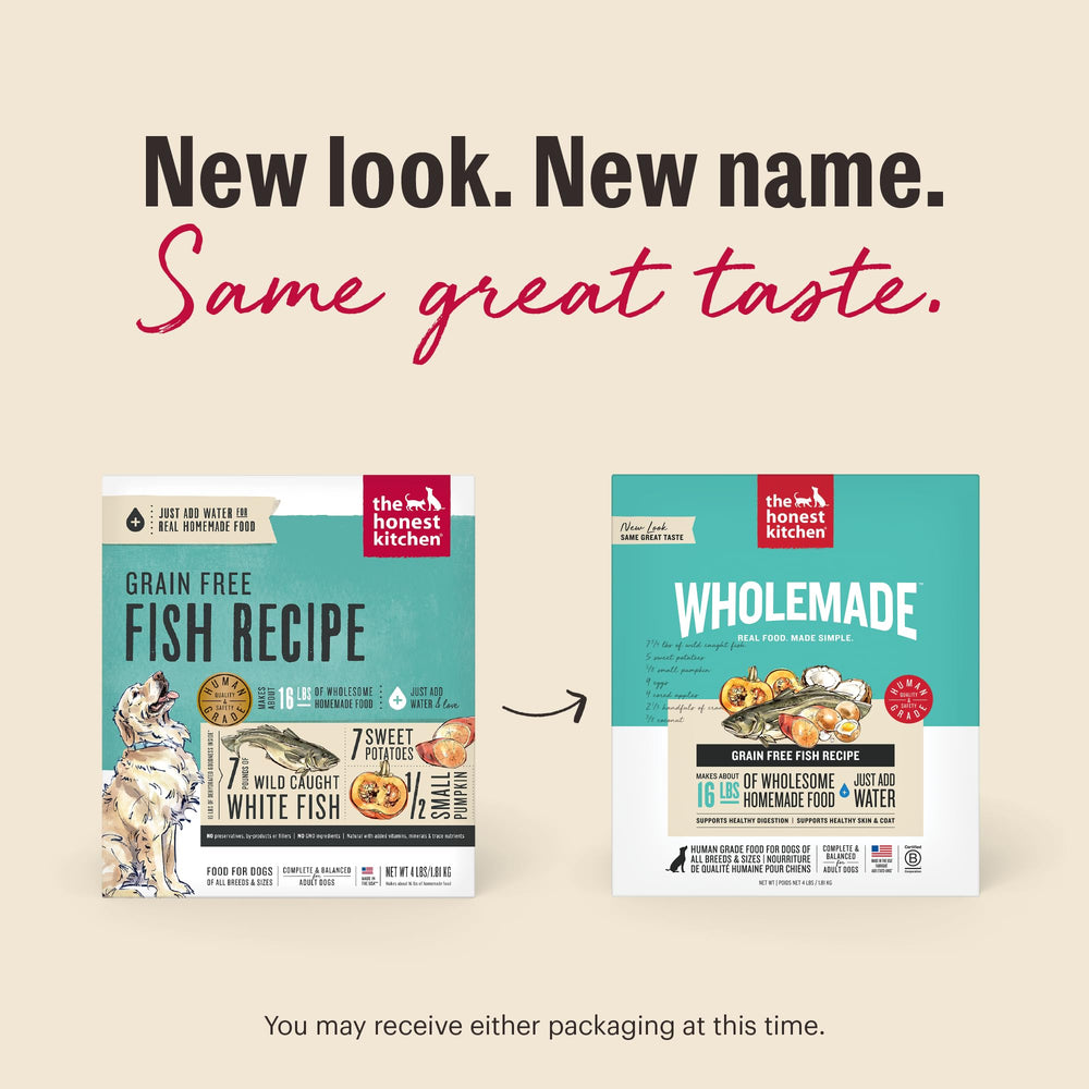 The Honest Kitchen Wholemade ingredients with wild-caught fish, delivering nutritious flavors your dog loves.